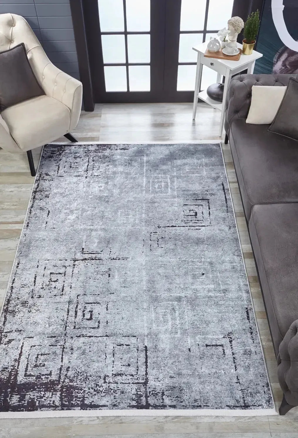 Açık Gri Kahve Detaylı Yıkanabilir Halı
