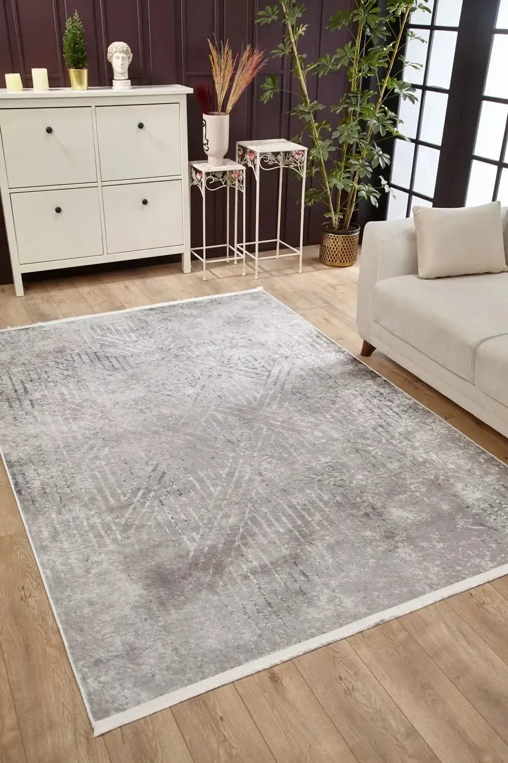 Açık Gri Krem Modern Çizgili Halı