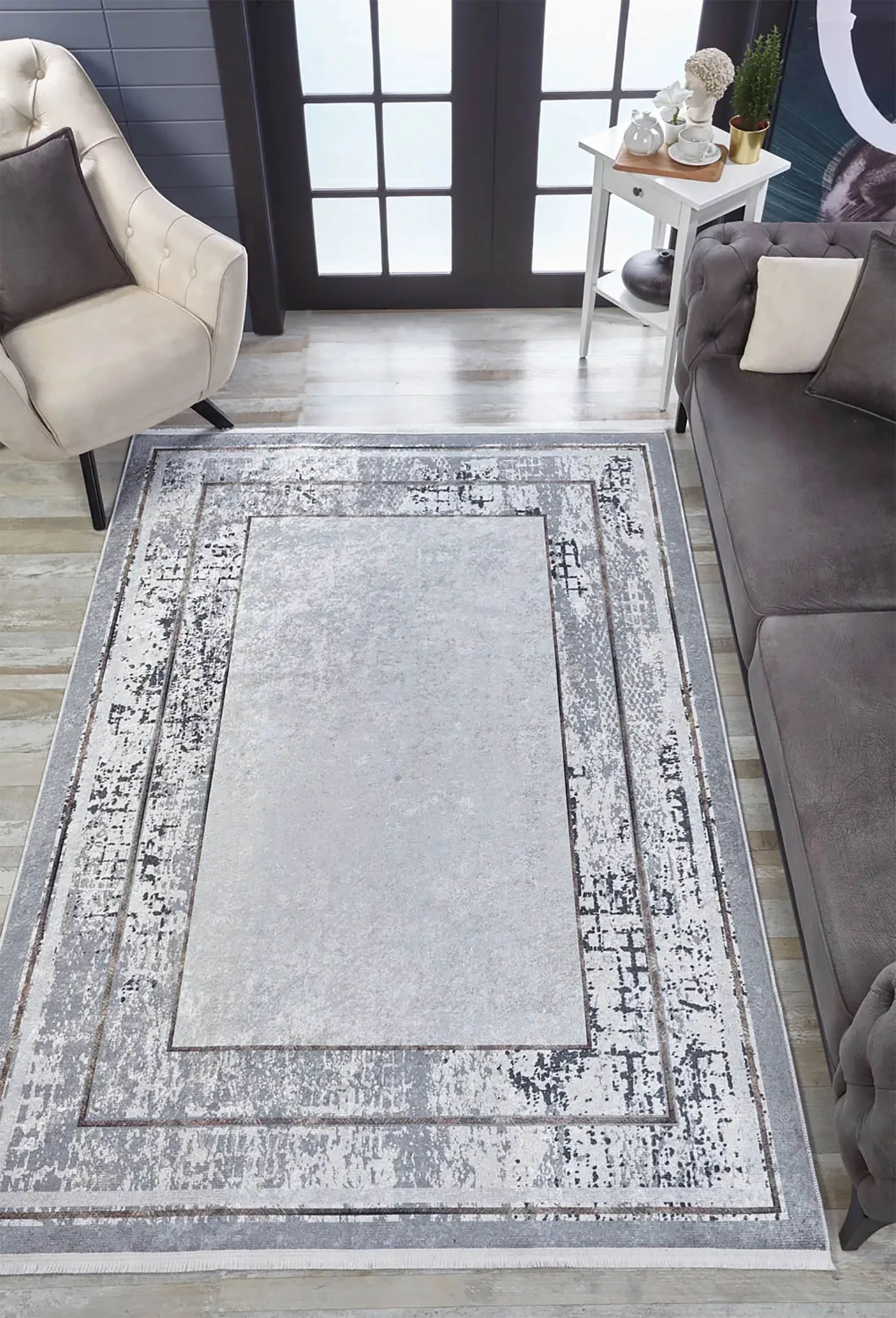 Açık Gri Modern Minimalist Çerçeveli Halı
