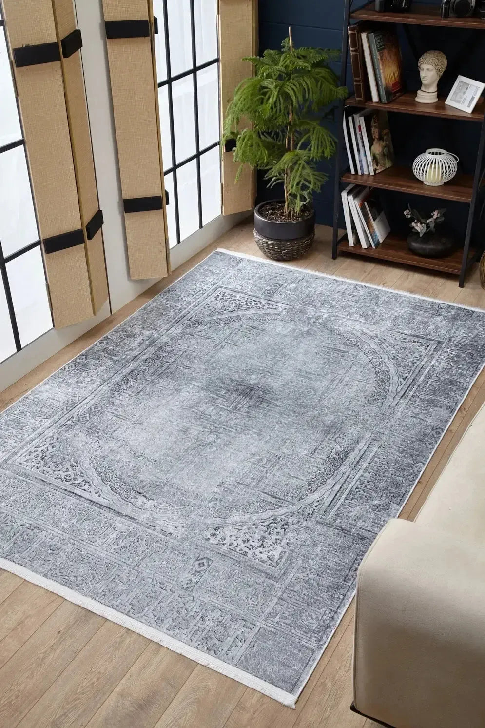 Açık Gri Oval Motifli Desenli Yıkanabilir Halı