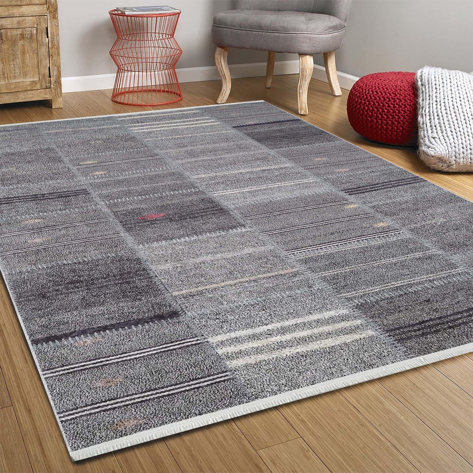 Açık Gri Siyah Çizgili Kilim Halı