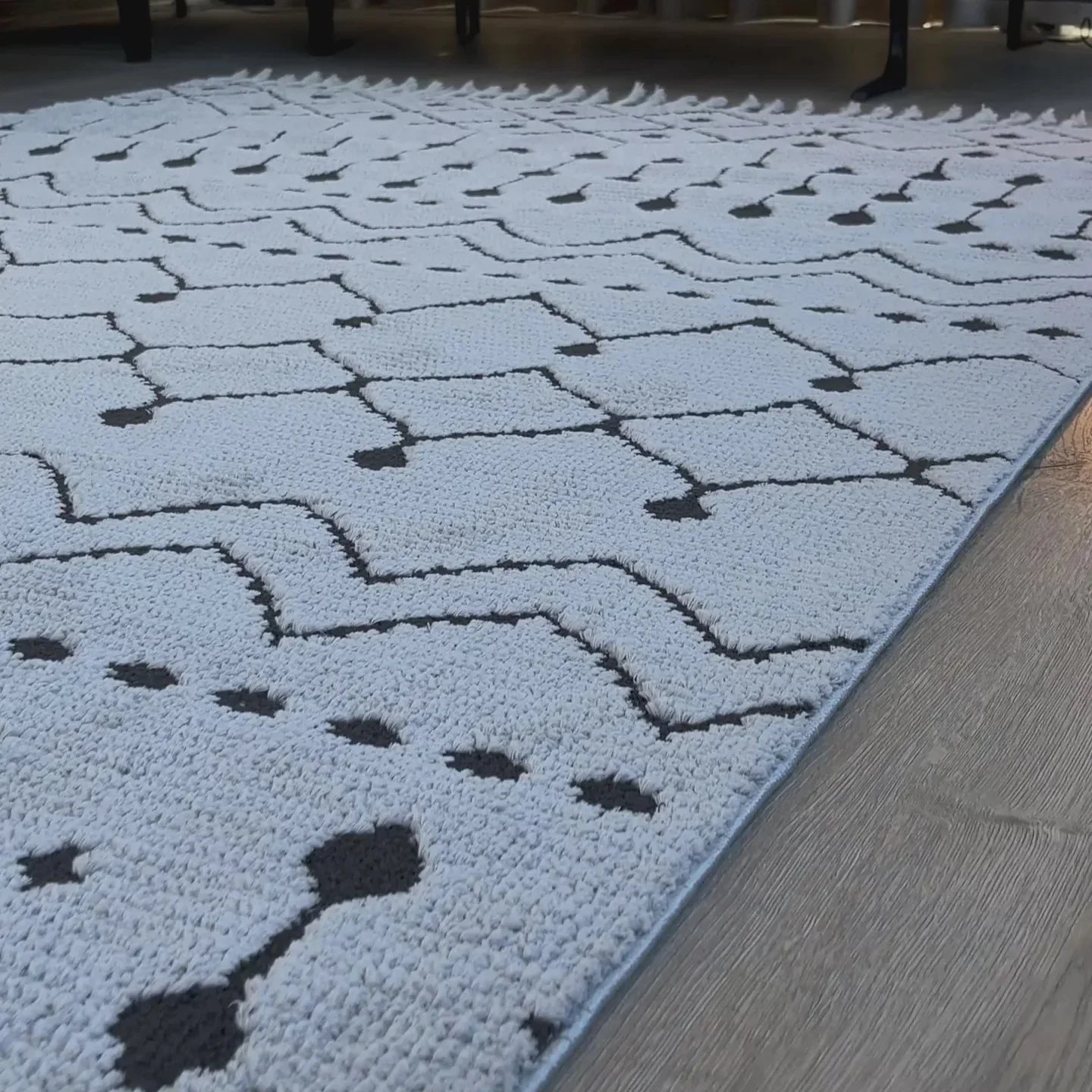 Açık Gri Siyah Etnik Geometrik Saçaklı Halı