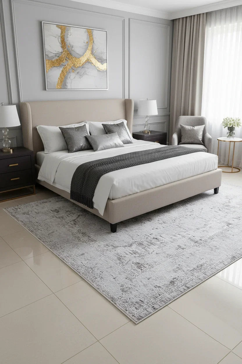 Açık Gri Vintage Desenli Modern Eskitme Efektli Yıkanabilir Halı