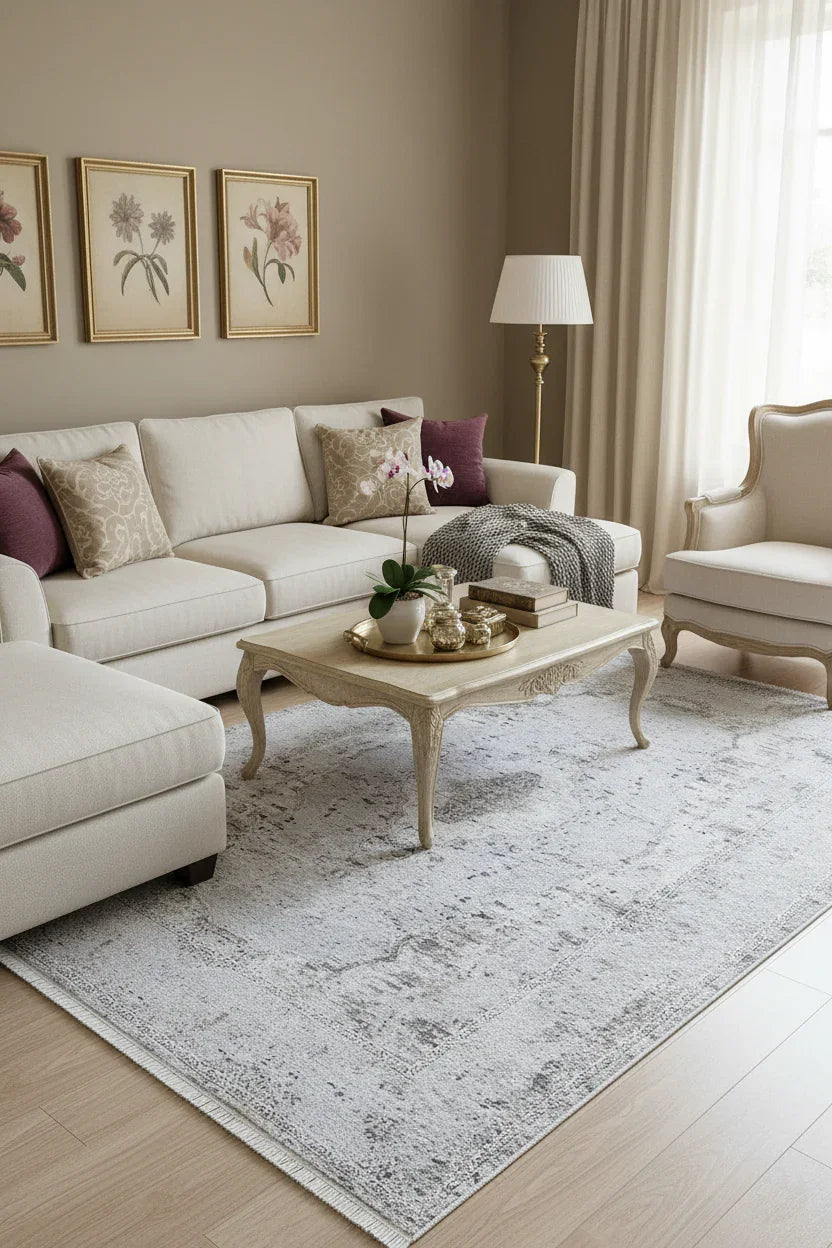 Açık Gri Vintage Desenli Modern Eskitme Efektli Yıkanabilir Halı