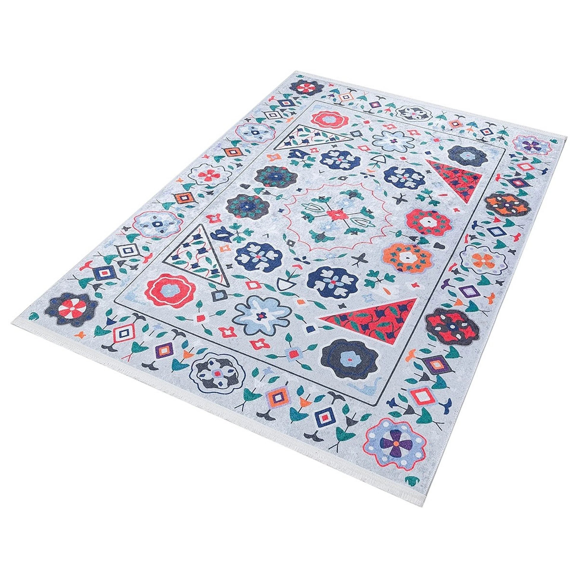 Açık Mavi Çok Renkli Çiçek Desenli Etnik Kilim Halı