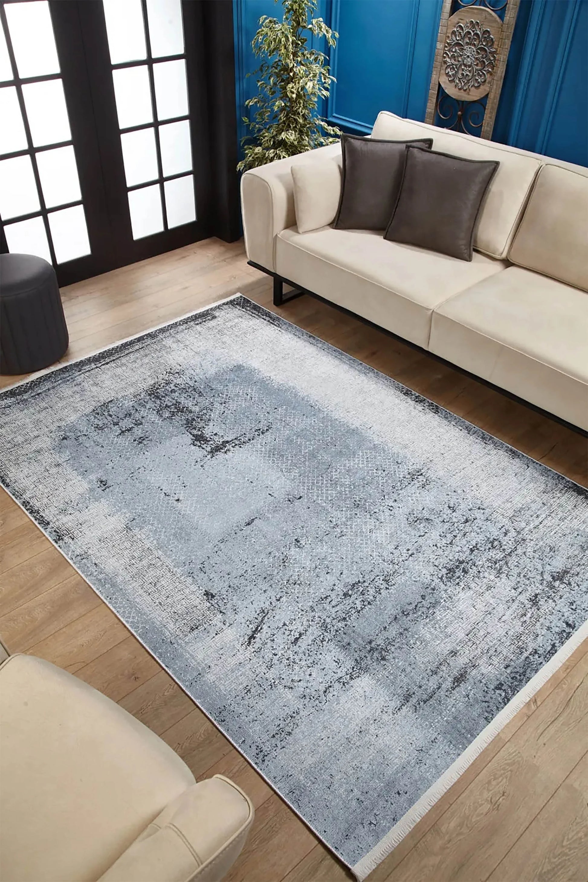 Açık Mavi Gri Soyut Eskitme Modern Halı