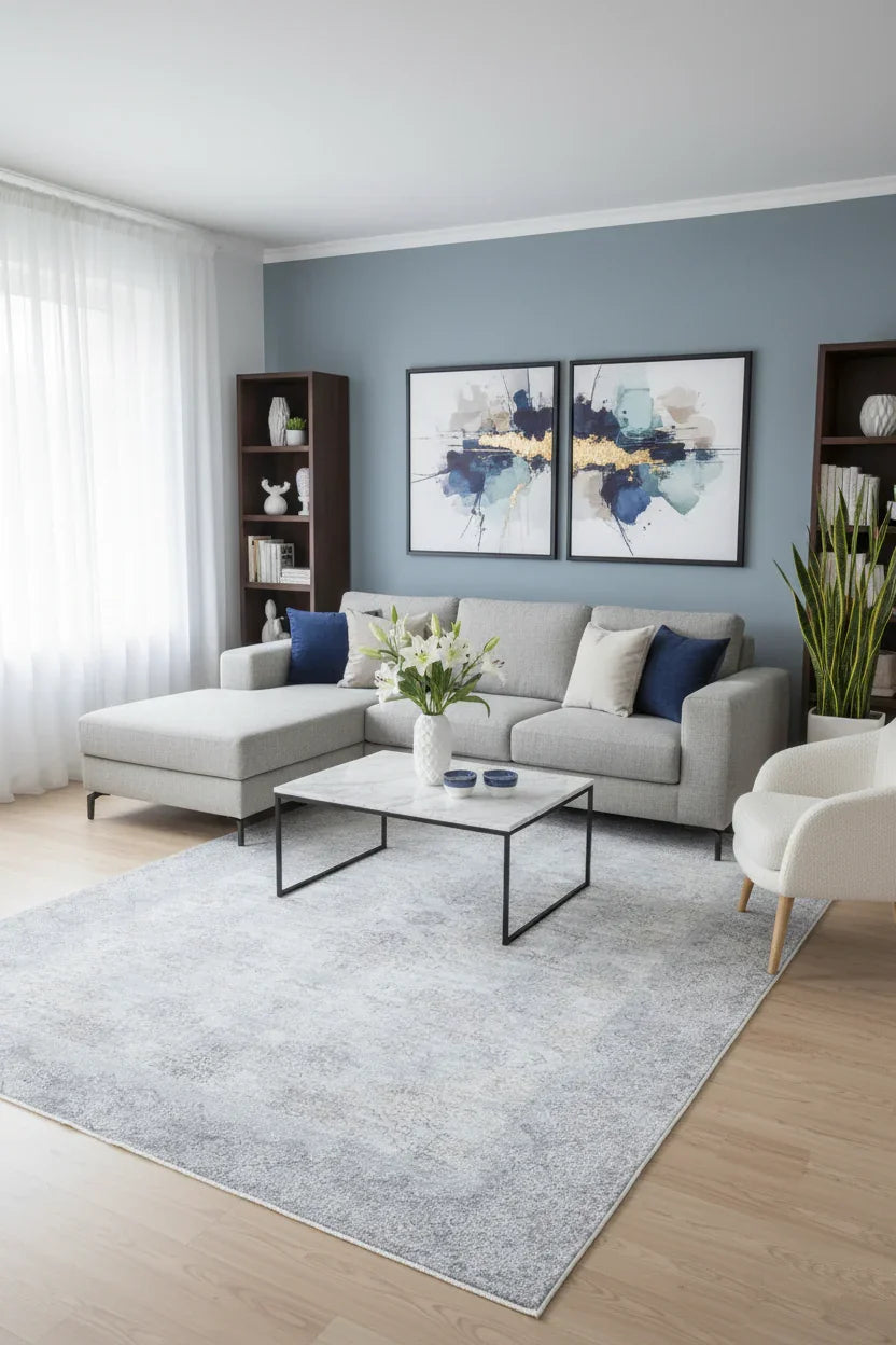Açık Mavi ve Buz Grisi Gümüş Modern Klasik Eskitme Efektli Yıkanabilir Halı