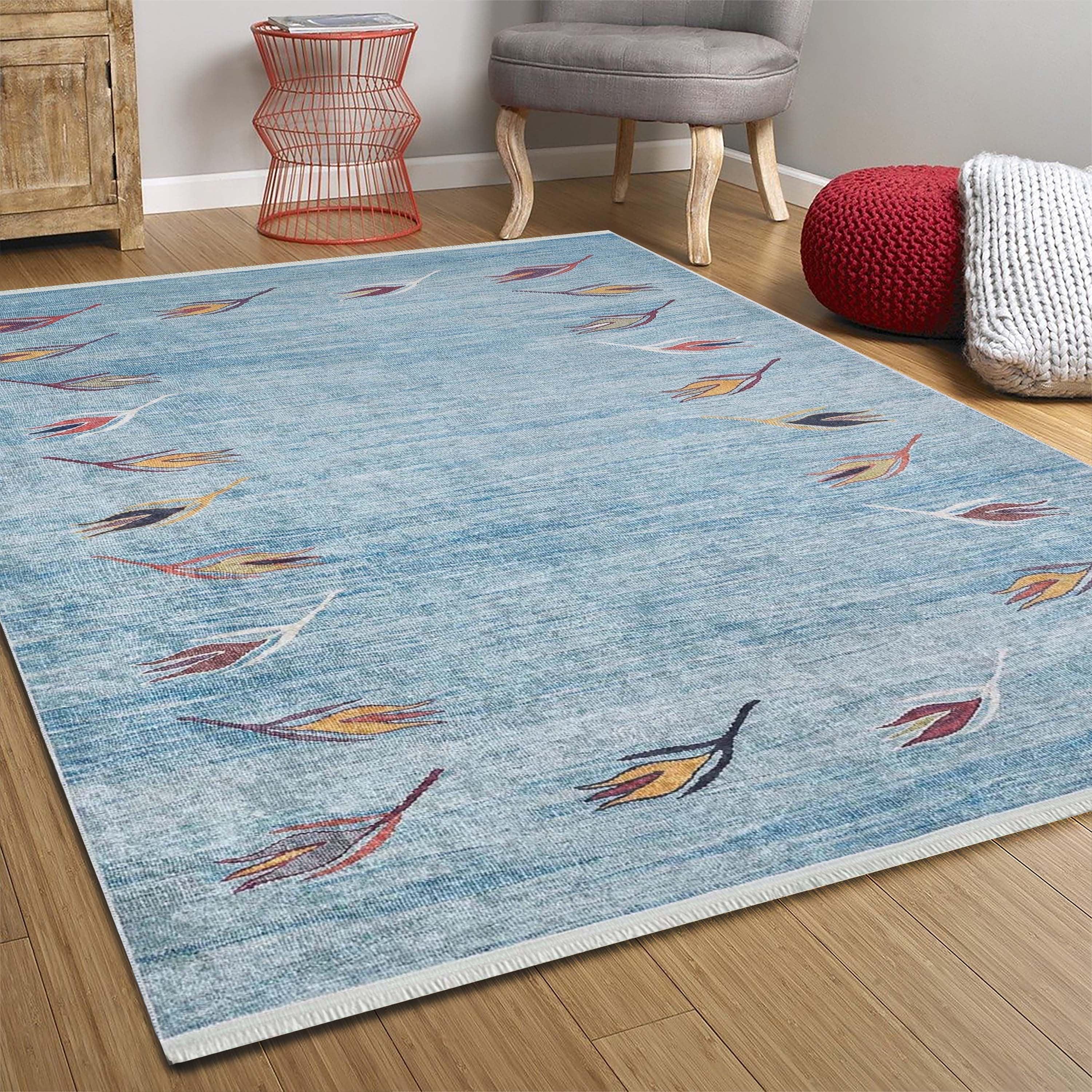 Açık Mavi ve Turuncu Yaprak Desenli Anadolu Kilim Halı