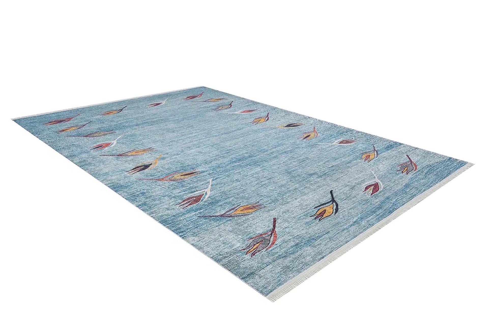 Açık Mavi ve Turuncu Yaprak Desenli Anadolu Kilim Halı
