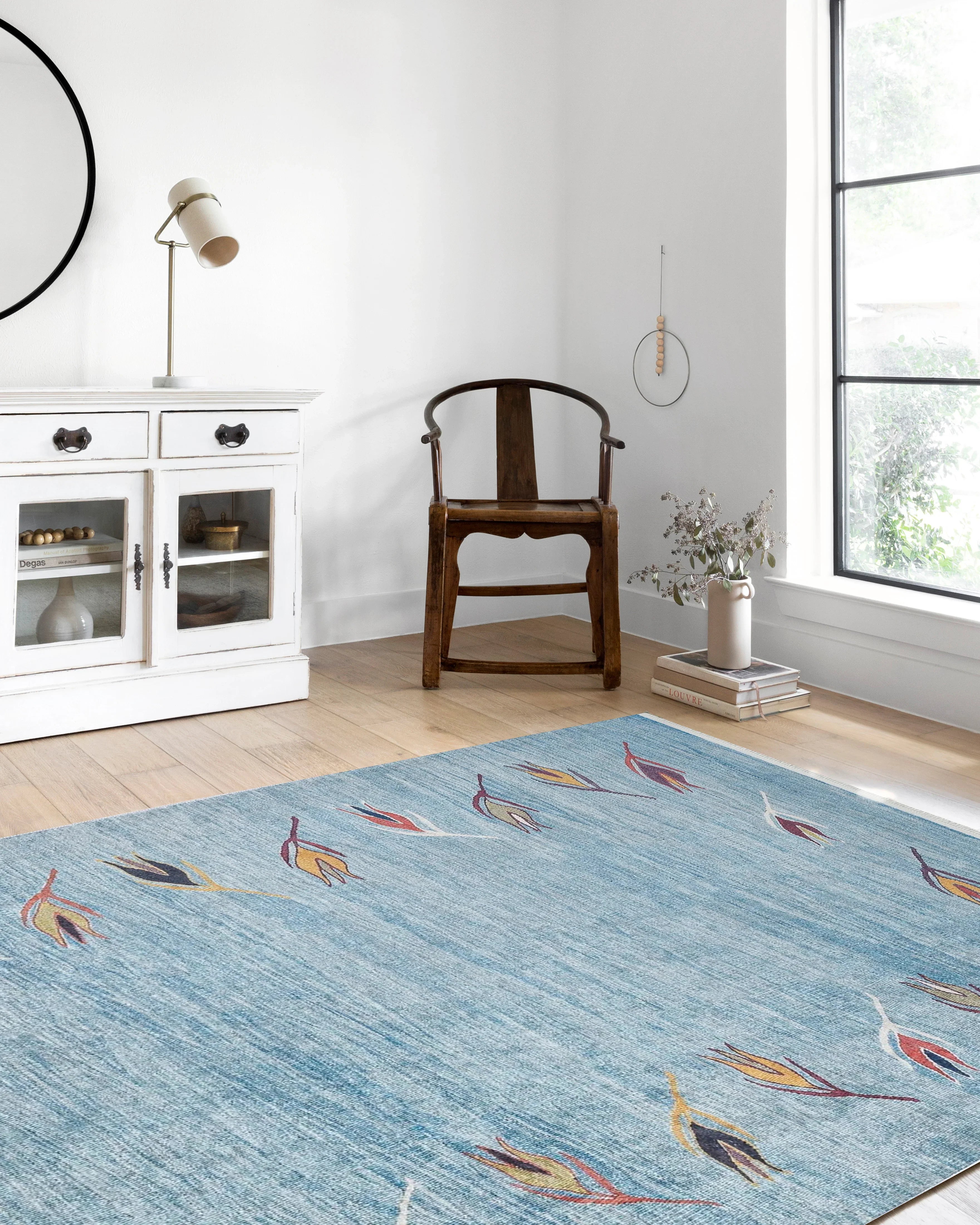 Açık Mavi ve Turuncu Yaprak Desenli Anadolu Kilim Halı