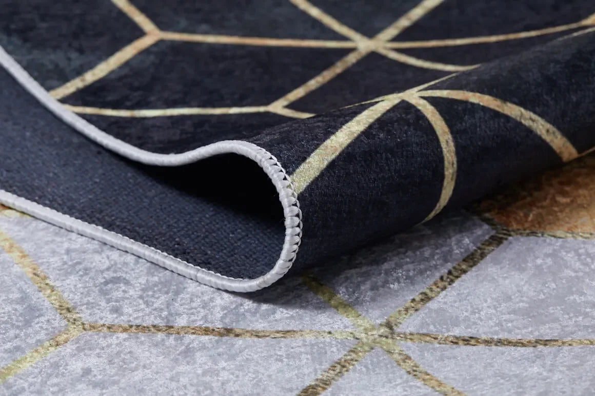 Altın Detaylı Siyah Gri 3D Küp Geometrik Halı