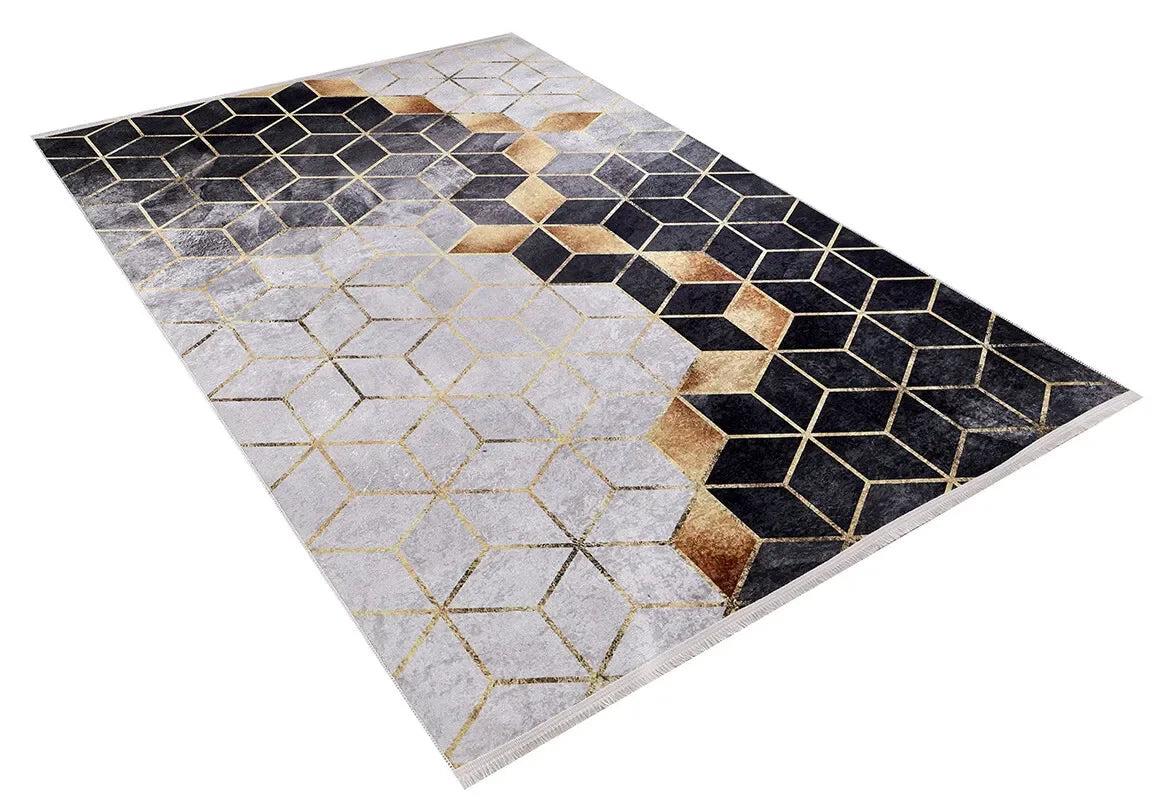 Altın Detaylı Siyah Gri 3D Küp Geometrik Halı