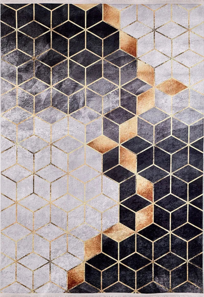 Altın Detaylı Siyah Gri 3D Küp Geometrik Halı