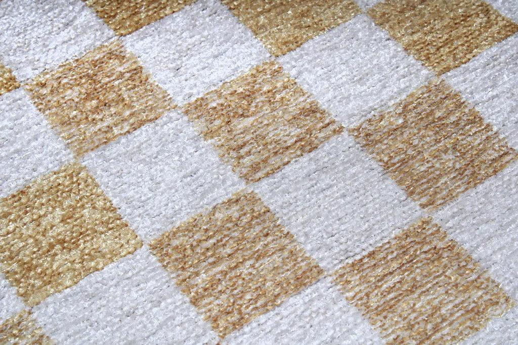 Altın Sarı Modern Geometrik Dama Desenli Yıkanabilir Halı