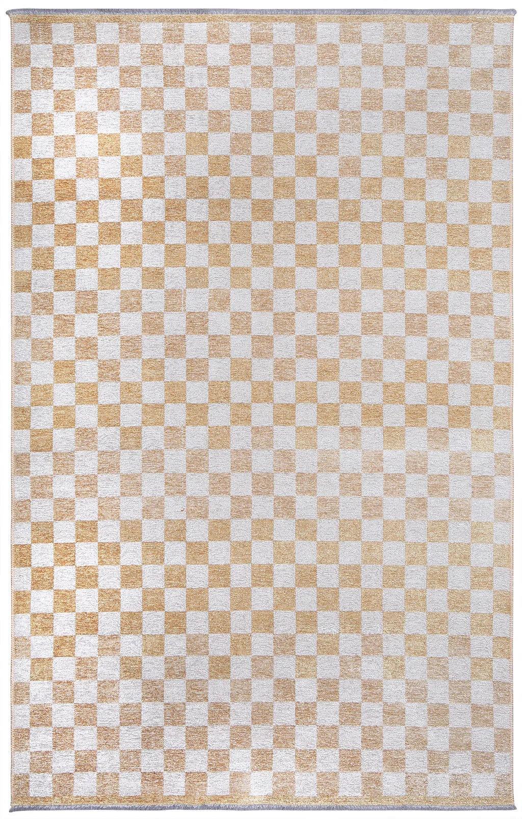 Altın Sarı Modern Geometrik Dama Desenli Yıkanabilir Halı