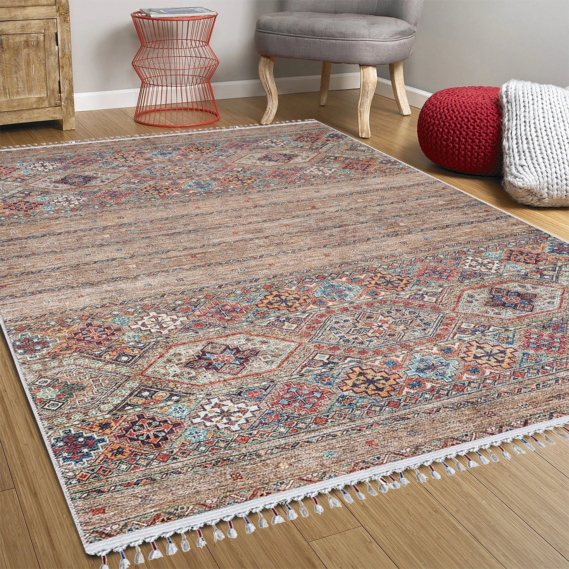Anadolu Tarzı Kahverengi Bej Geometrik Desenli Kilim Halı