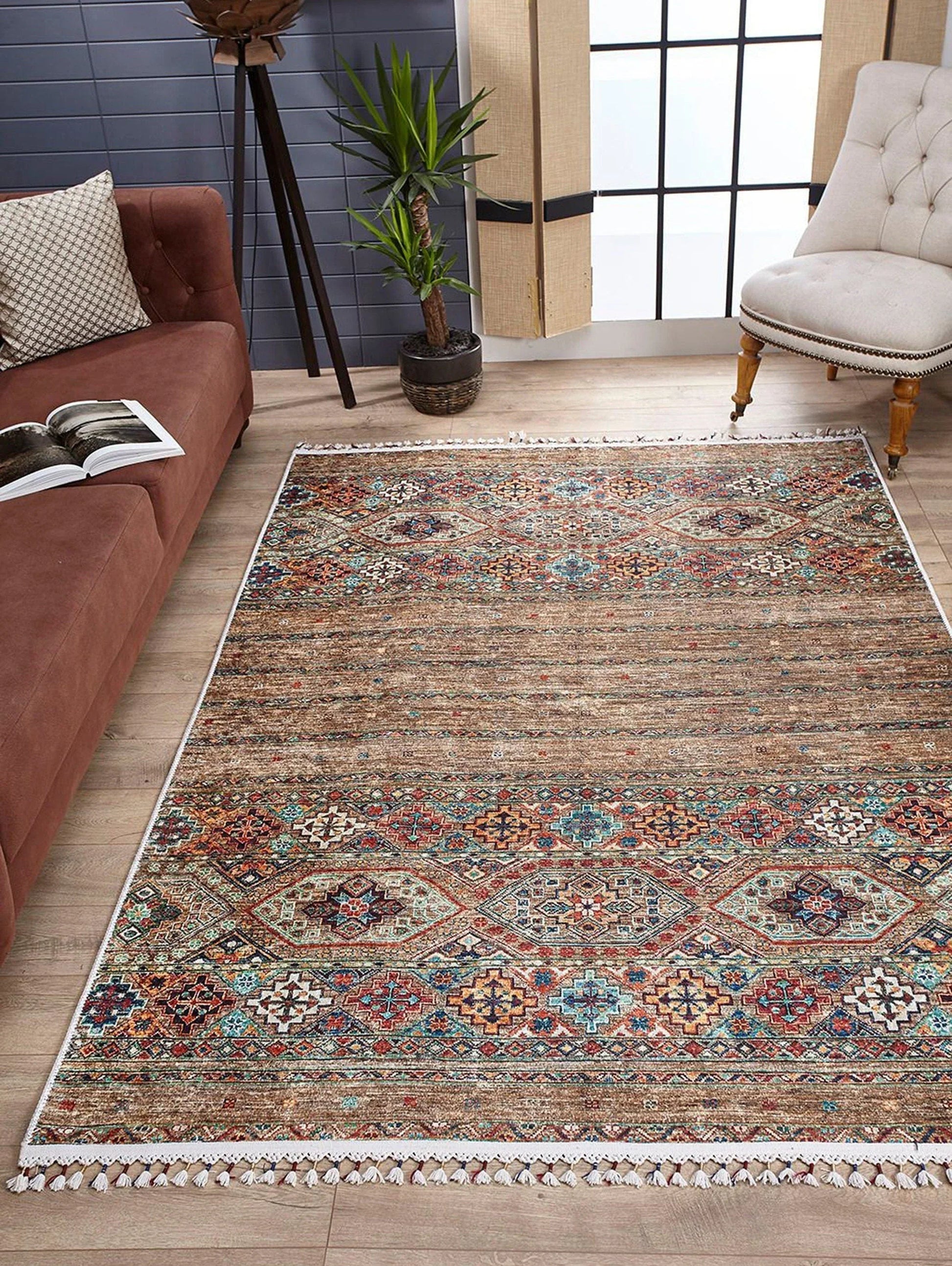 Anadolu Tarzı Kahverengi Bej Geometrik Desenli Kilim Halı