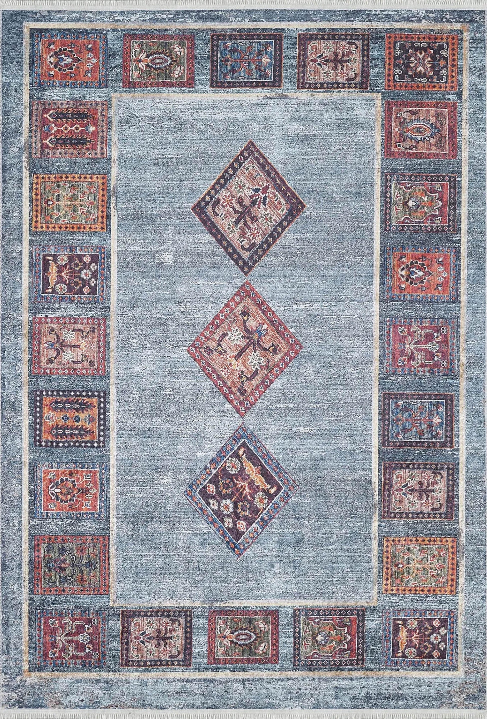 Antik Geometrik Desenli Oryantal Mavi Halı