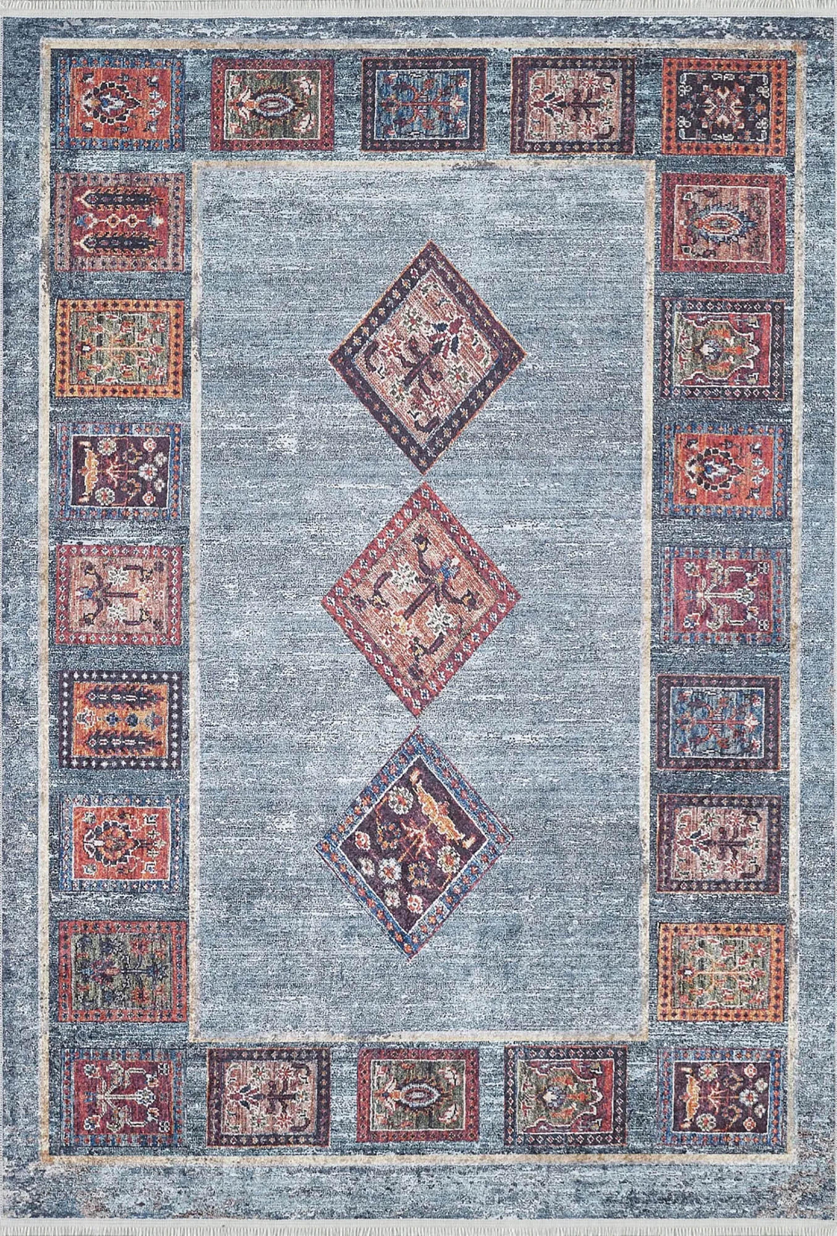 Antik Geometrik Desenli Oryantal Mavi Halı