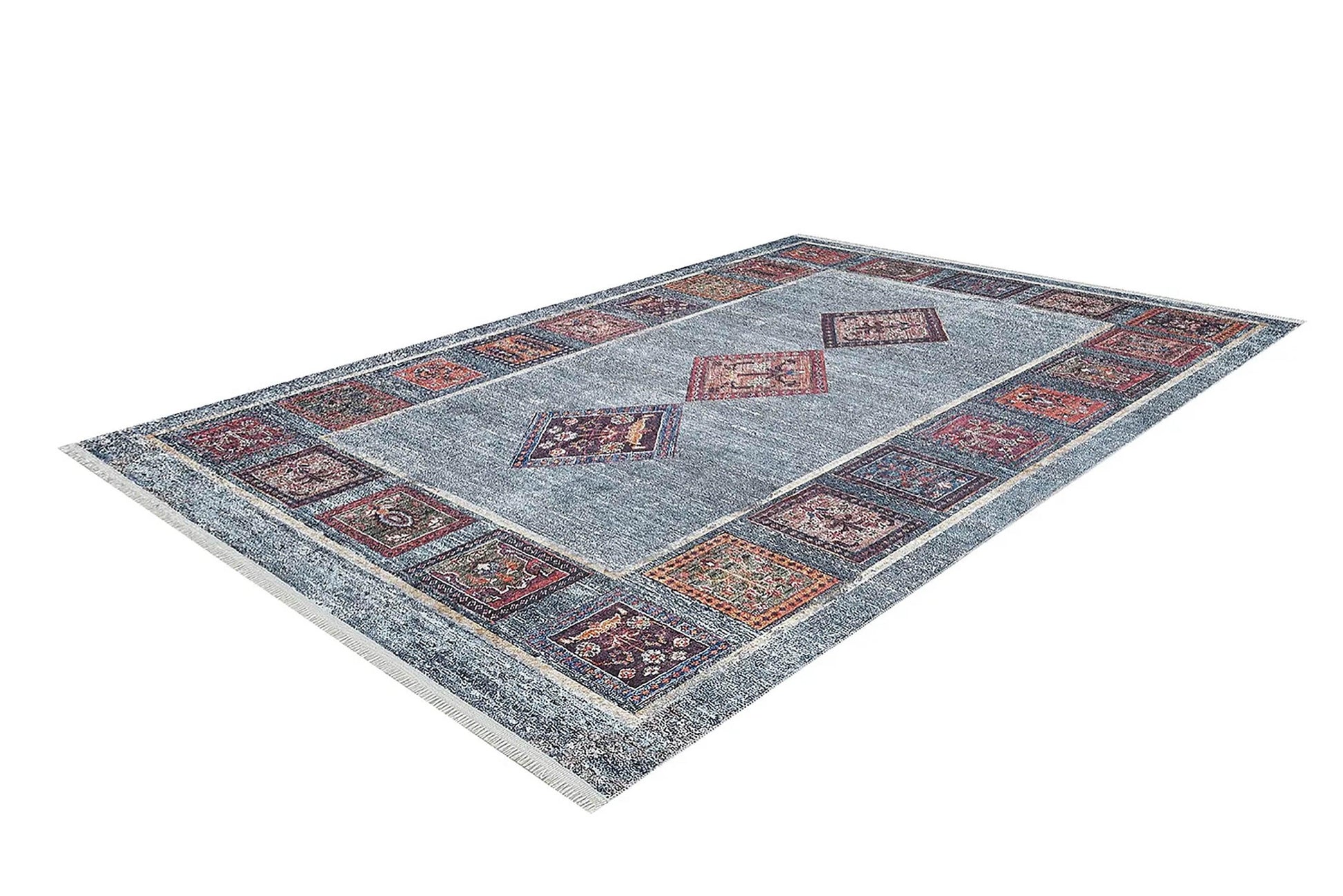 Antik Geometrik Desenli Oryantal Mavi Halı