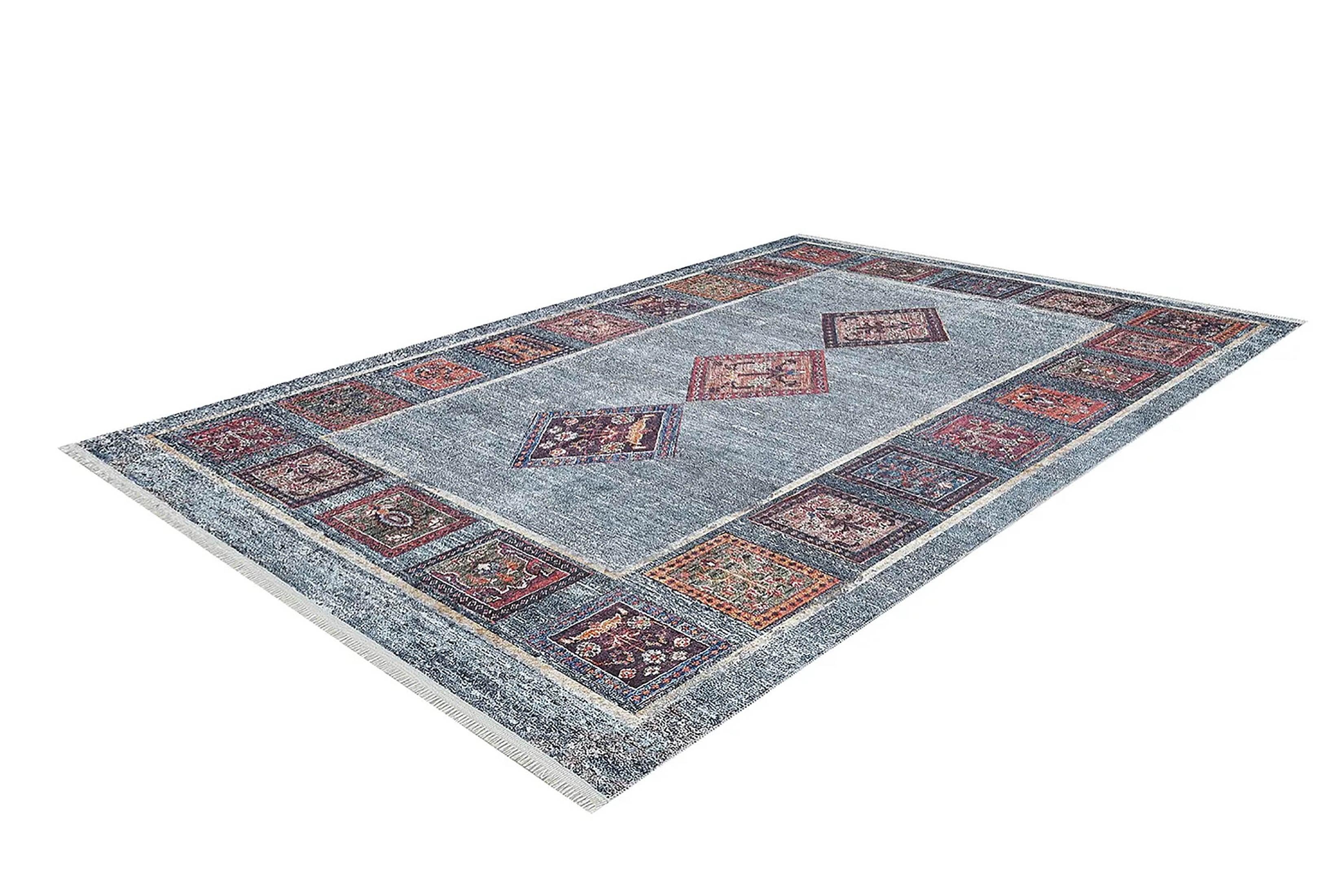 Antik Geometrik Desenli Oryantal Mavi Halı