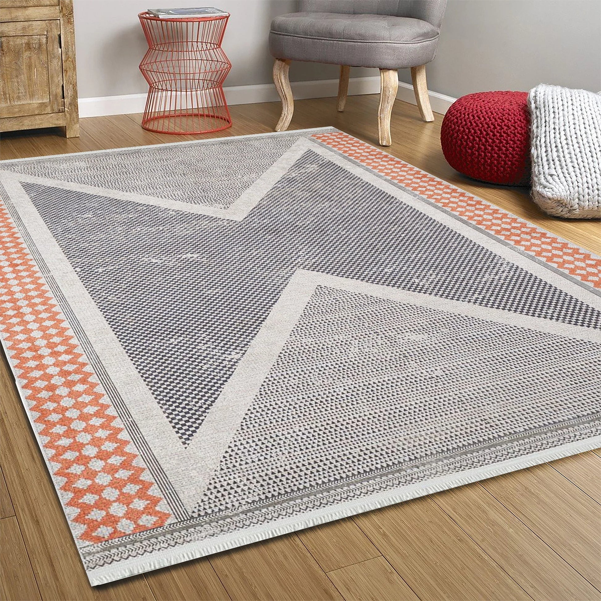 Antik Gri Turuncu Geometrik Desenli Halı