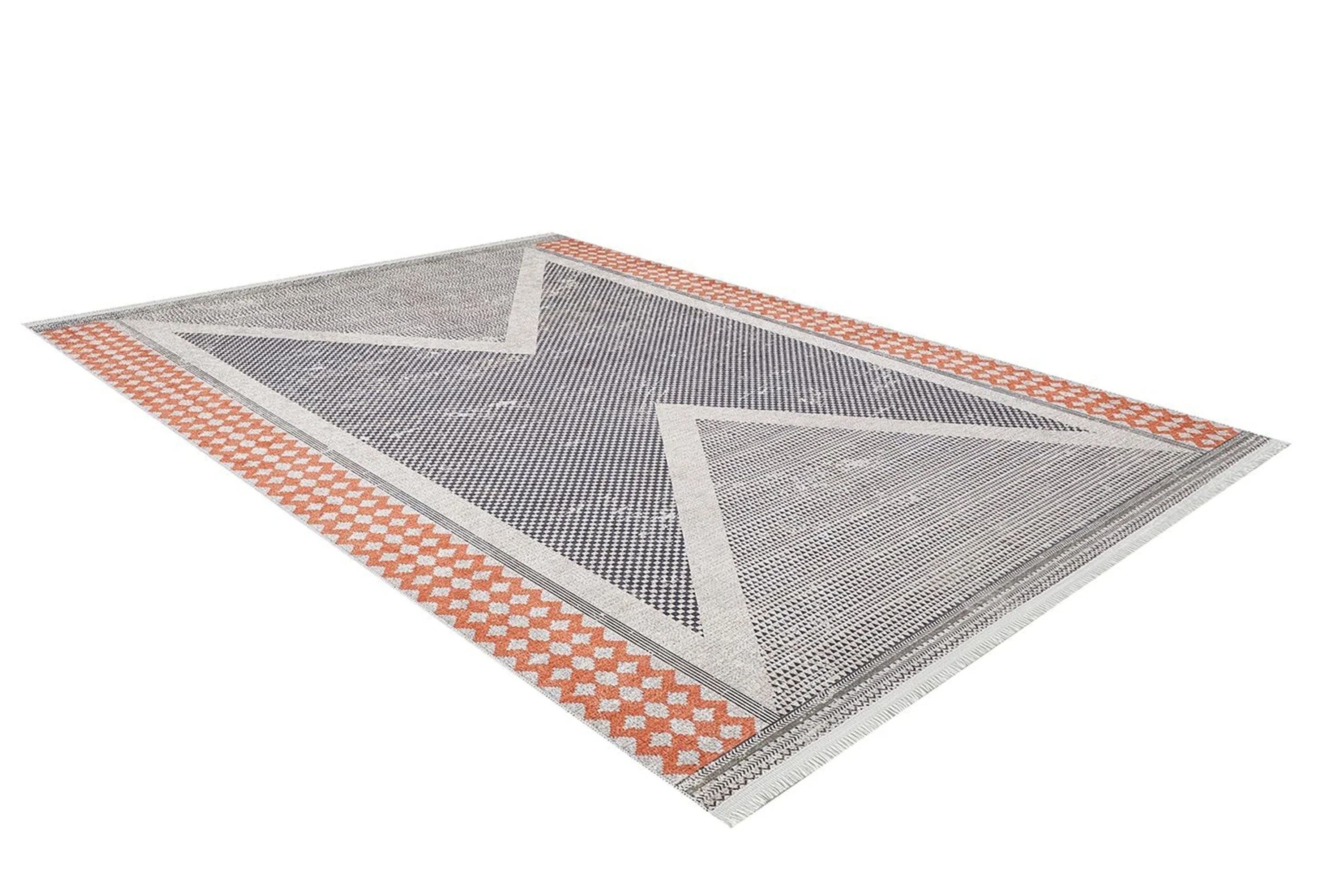 Antik Gri Turuncu Geometrik Desenli Halı