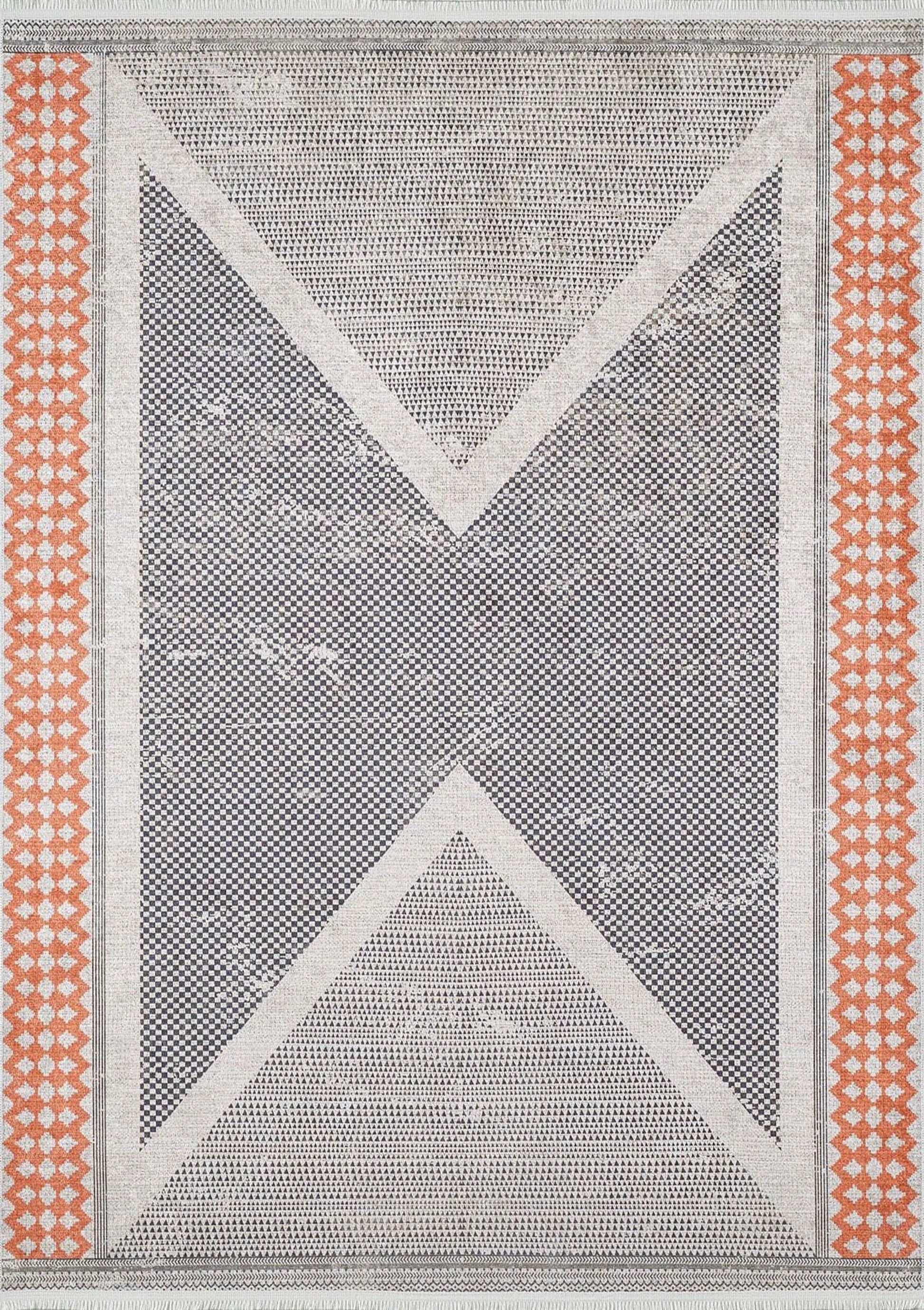 Antik Gri Turuncu Geometrik Desenli Halı