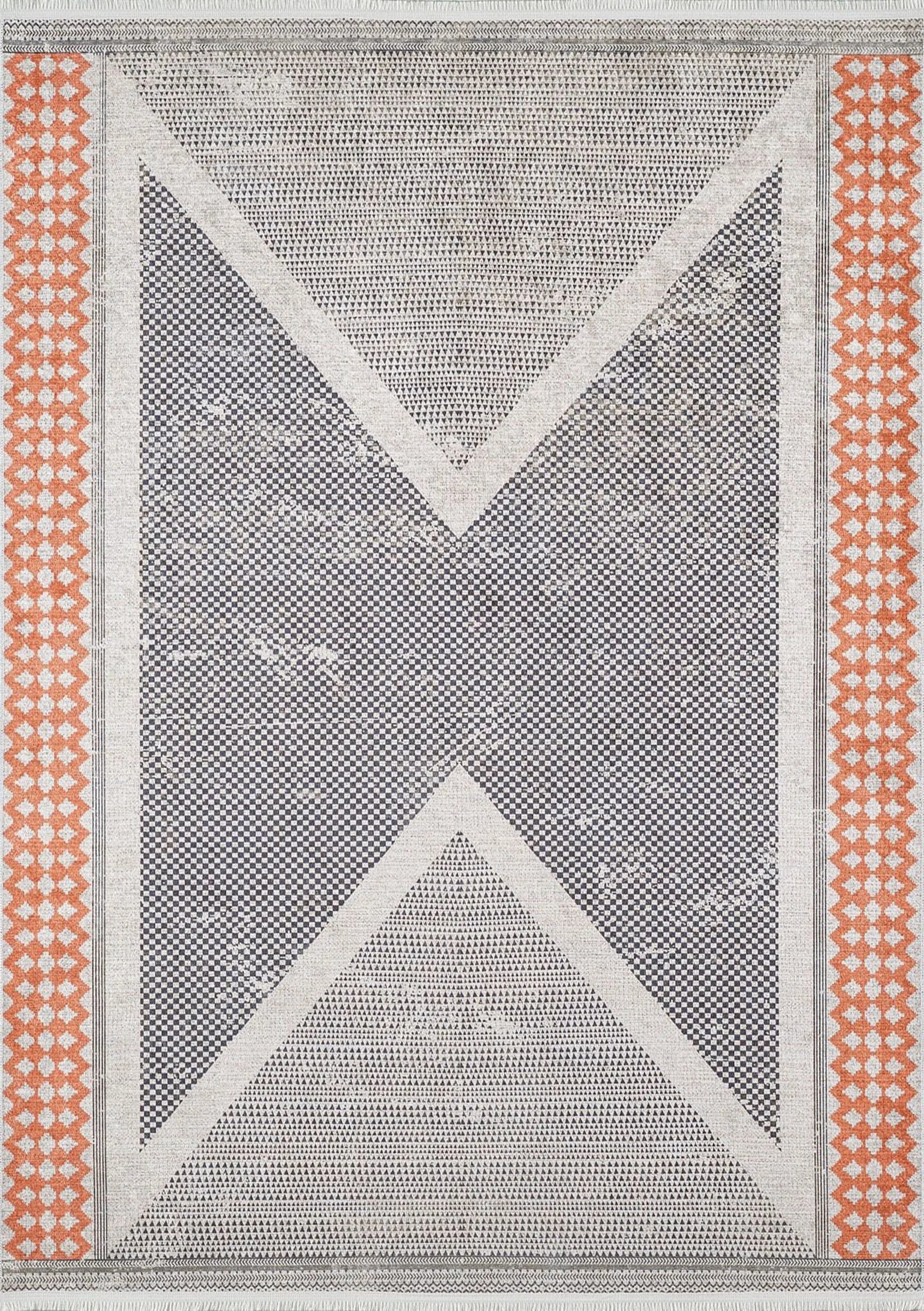 Antik Gri Turuncu Geometrik Desenli Halı