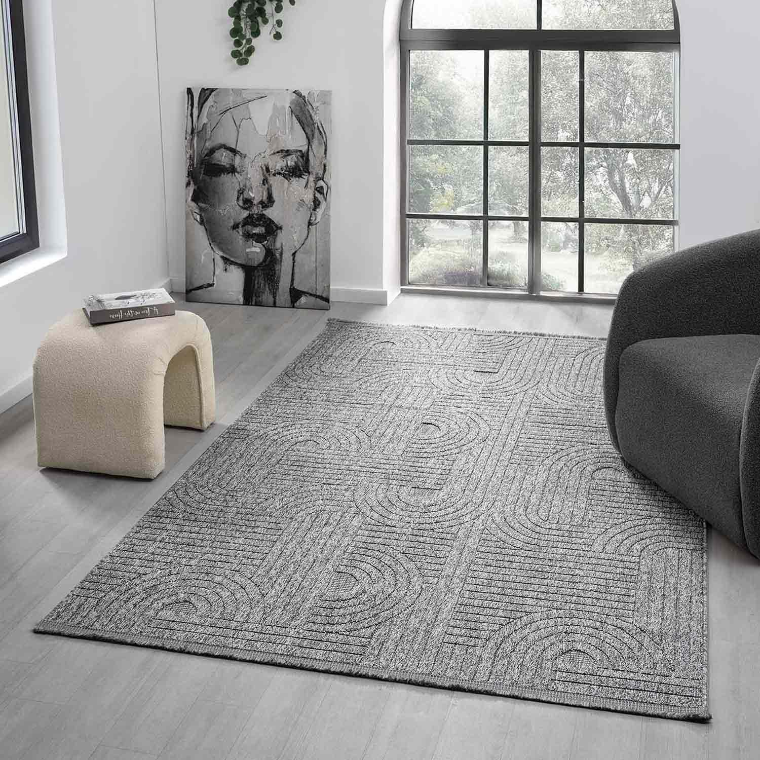Antrasit Gri Geometrik Desenli Yumuşak Halı