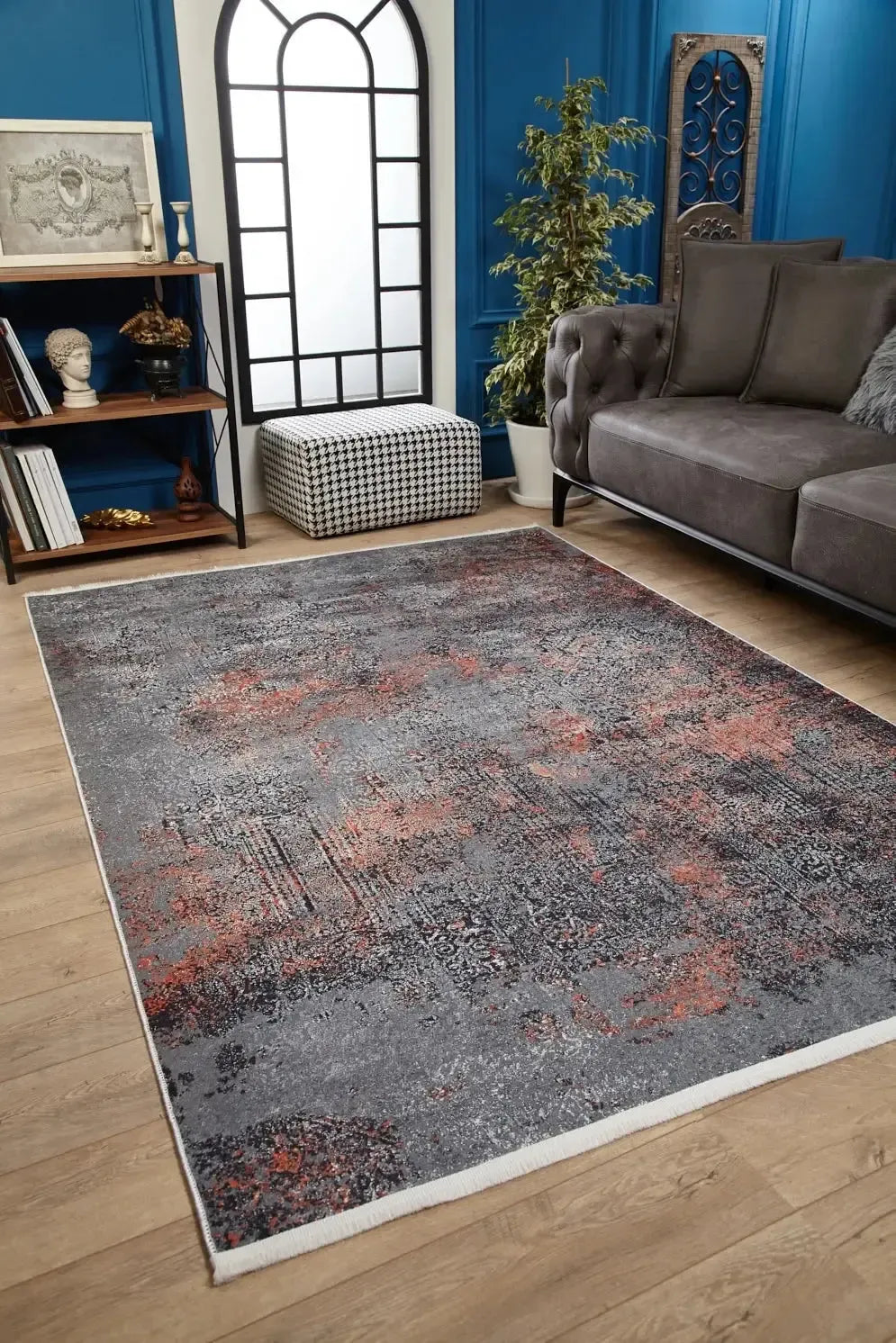 Antrasit Gri Turuncu Detaylı Modern Halı