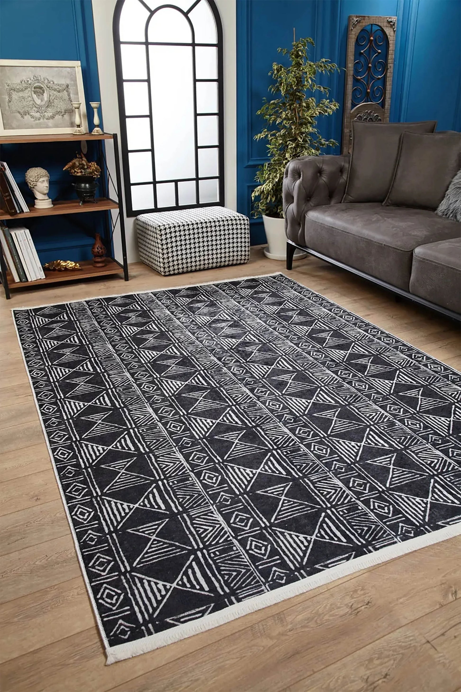 Antrasit Kabile Desenli Modern Bohem Etnik Halı