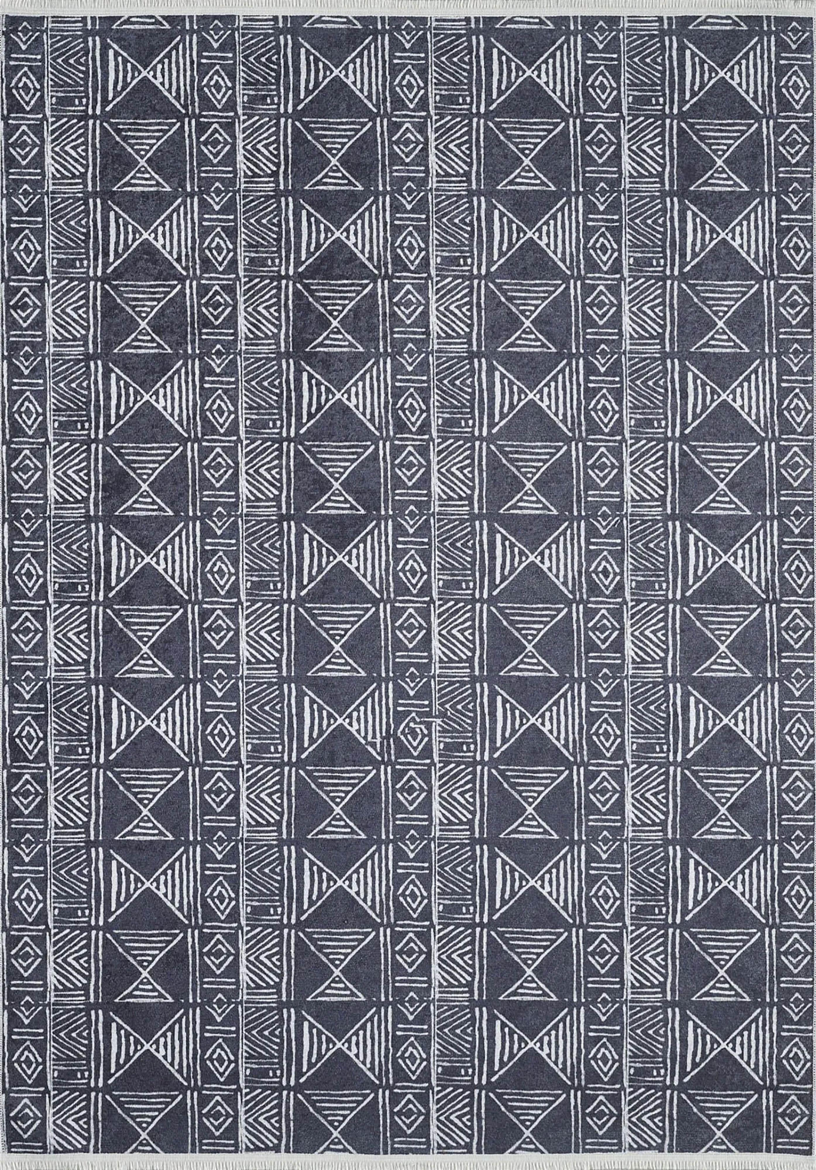 Antrasit Kabile Desenli Modern Bohem Etnik Halı