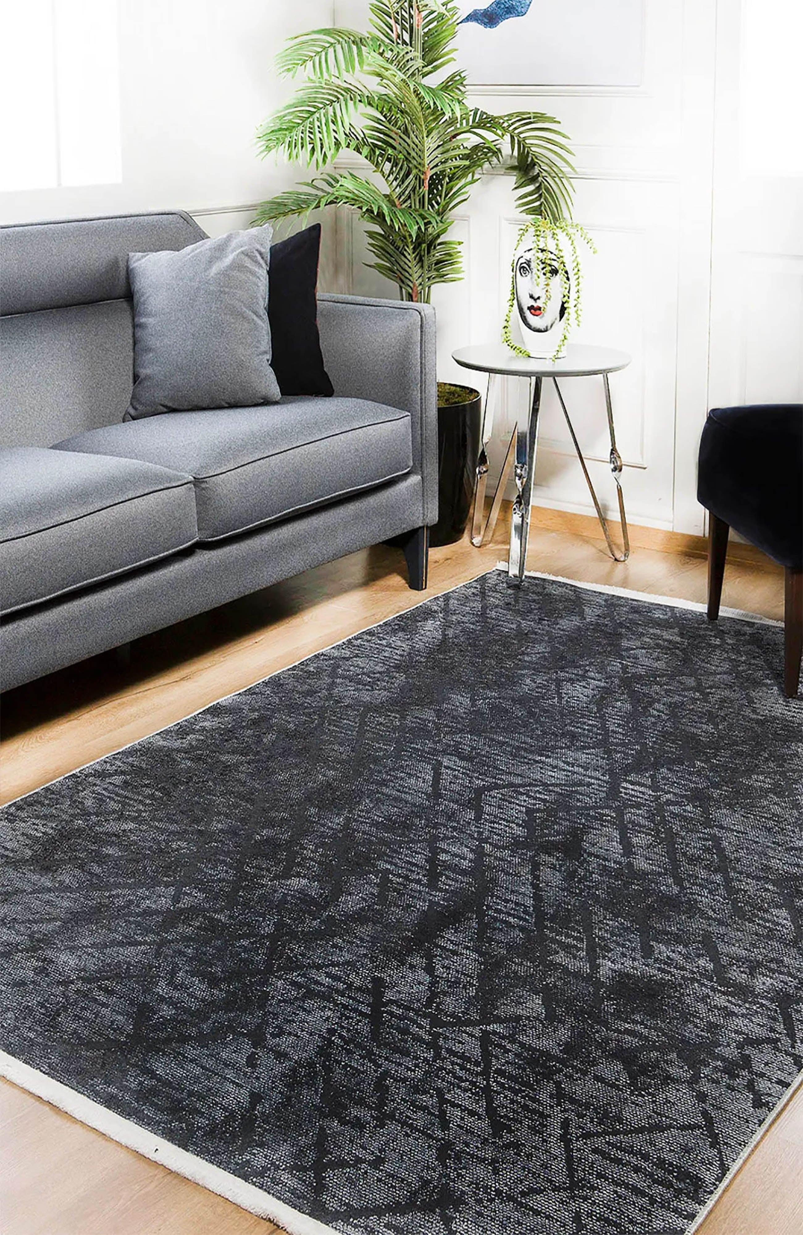 Antrasit Modern Eskitme Geometrik Çizgili Yıkanabilir Halı