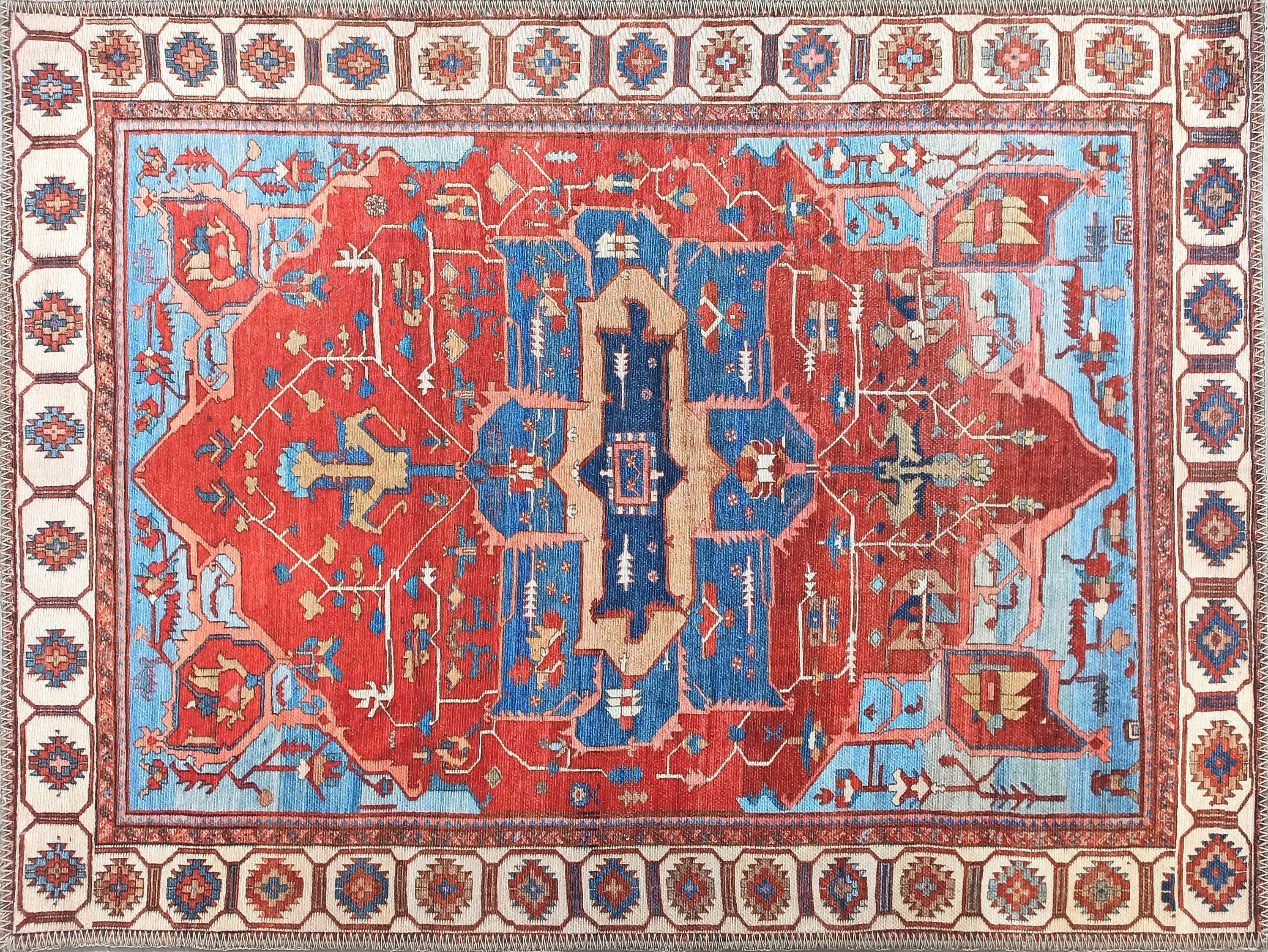 Canlı Kırmızı ve Gök Mavisi Kartal Desenli Vintage Halı
