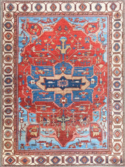 Canlı Kırmızı ve Gök Mavisi Kartal Desenli Vintage Halı