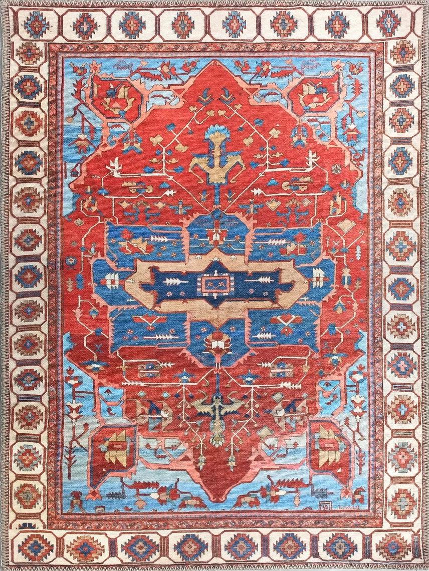 Canlı Kırmızı ve Gök Mavisi Kartal Desenli Vintage Halı