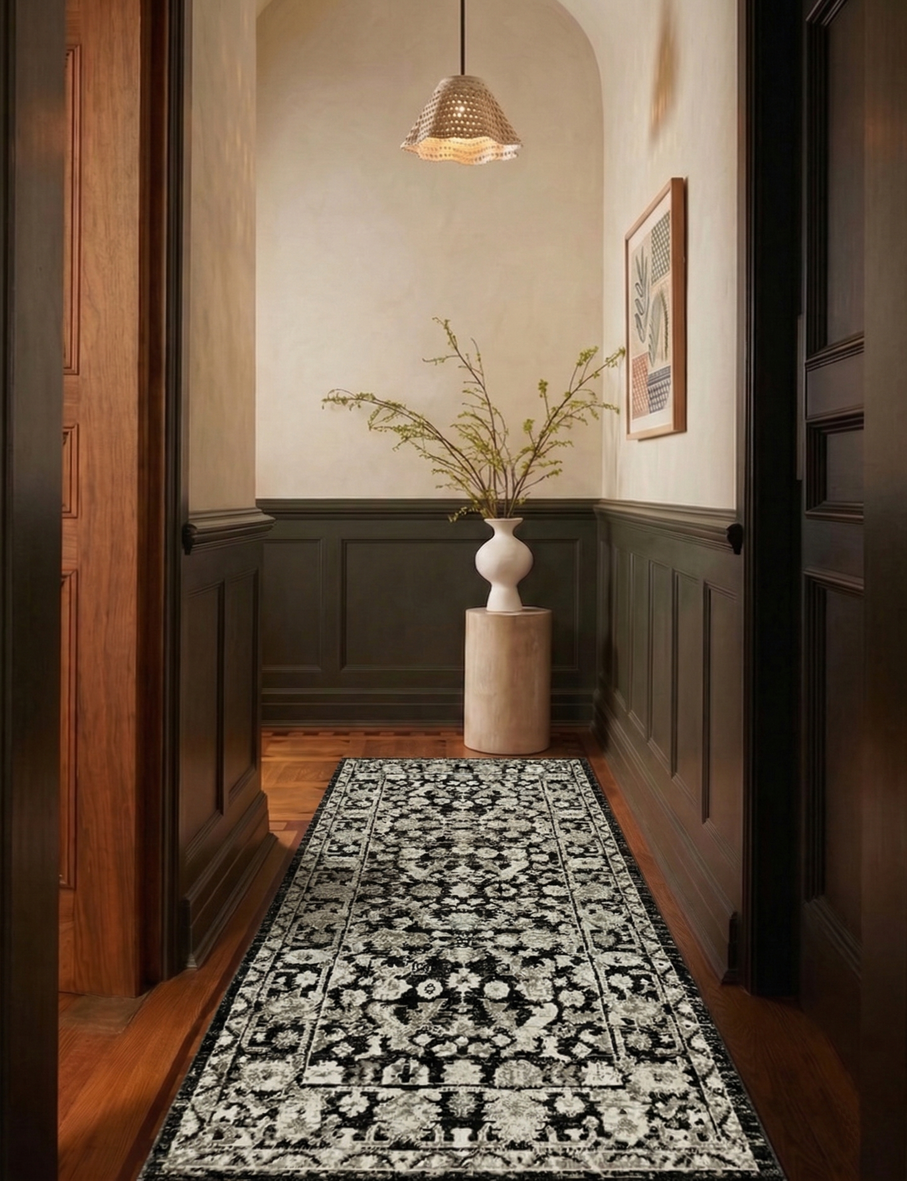 Klasik Esintili Siyah ve Bej Vintage Desenli Halı - FMBH03