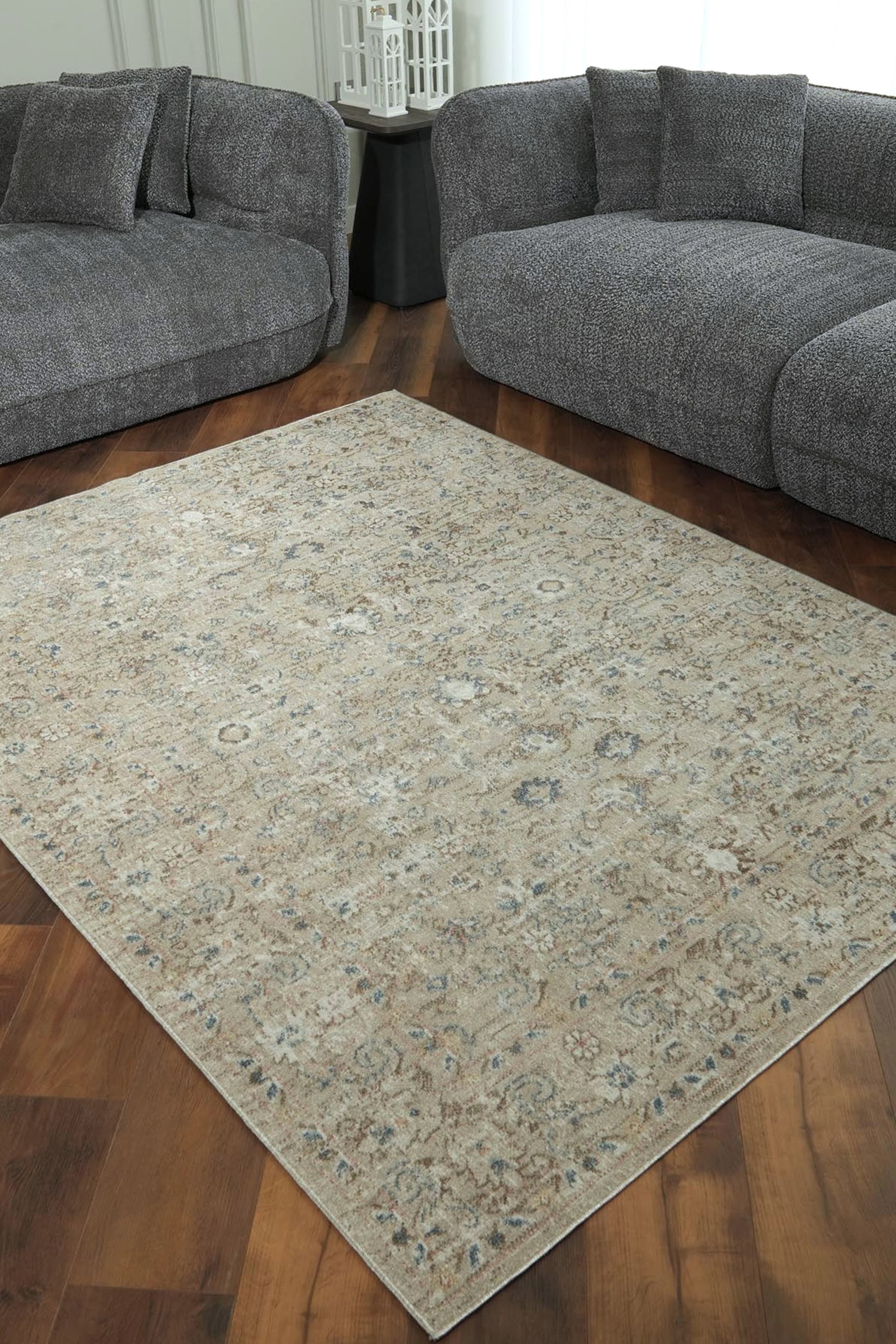 Toprak Tonları ve Mavi Detaylı Vintage Eskitme Halı - FMBH06