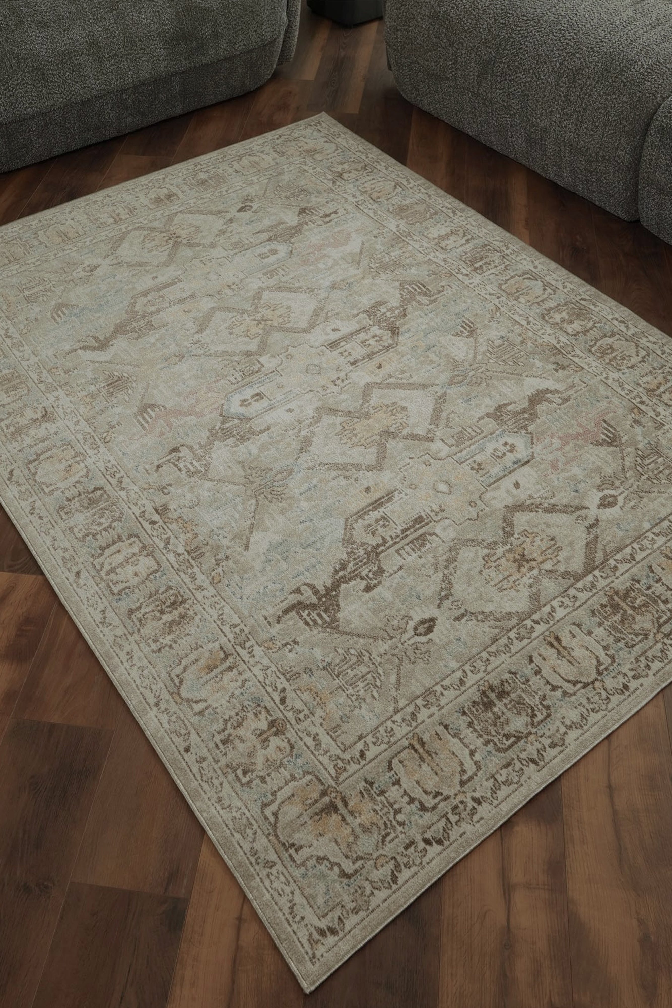Kum Beji ve Vizon Geometrik Motifli Vintage Eskitme Halı - FMBH08