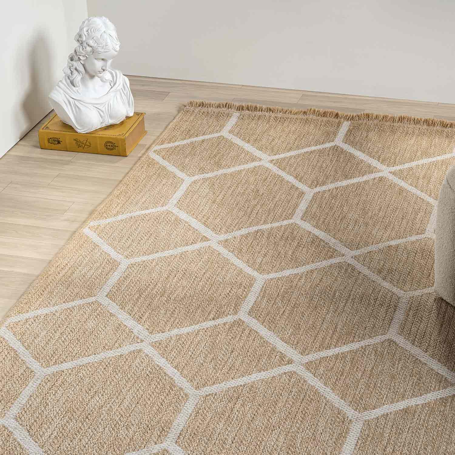 Bej Beyaz Altıgen Geometrik Modern Jüt Görünümlü Halı