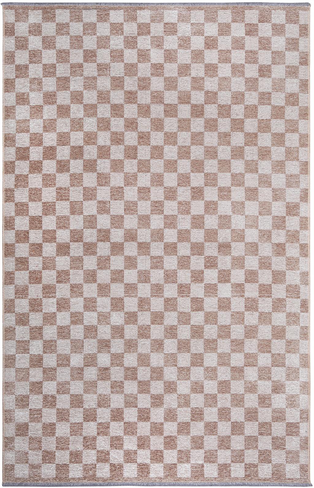 Bej Beyaz Modern Geometrik Dama Desenli Yıkanabilir Halı