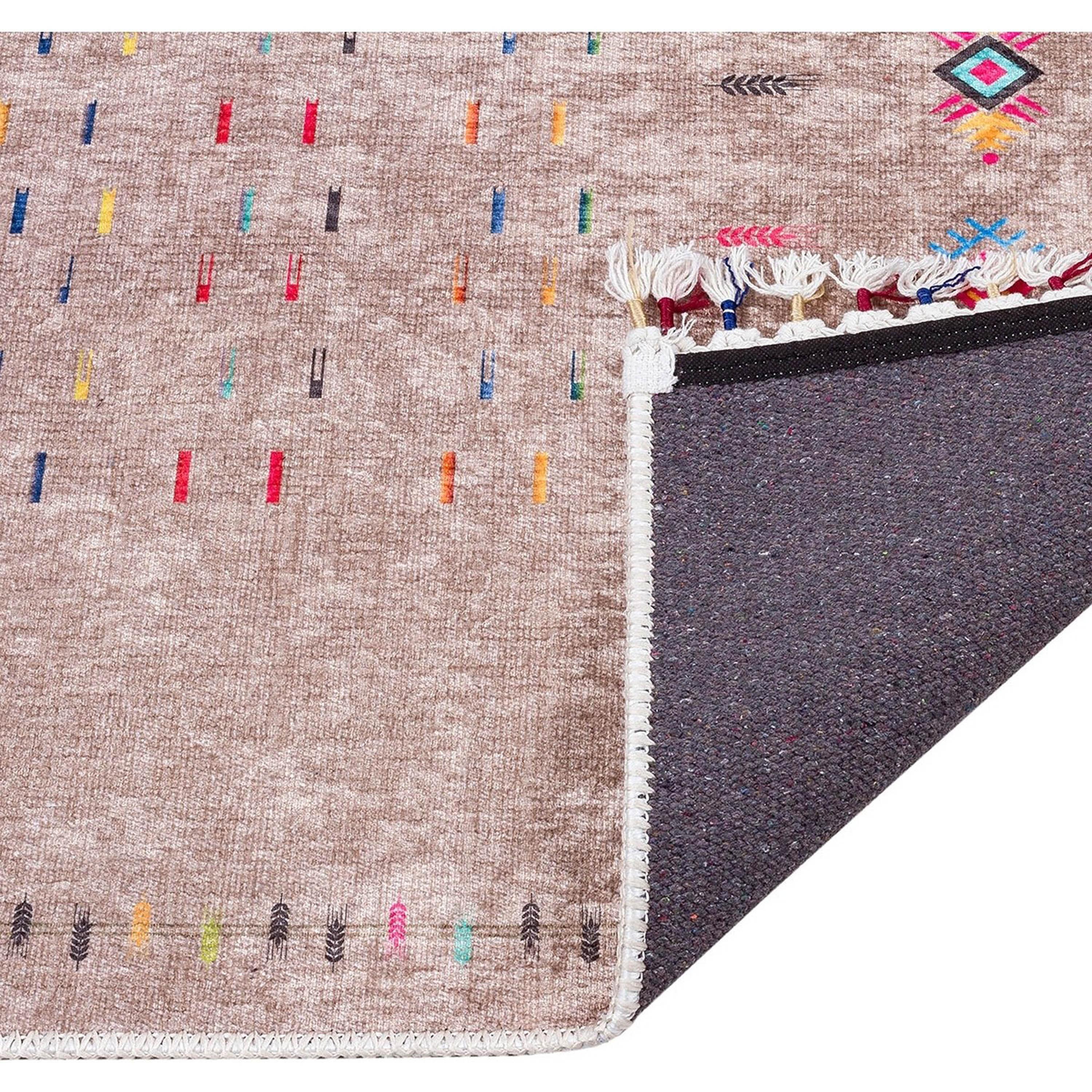 Açık Kahverengi Etnik Desenli Modern Saçaklı Kilim Halı