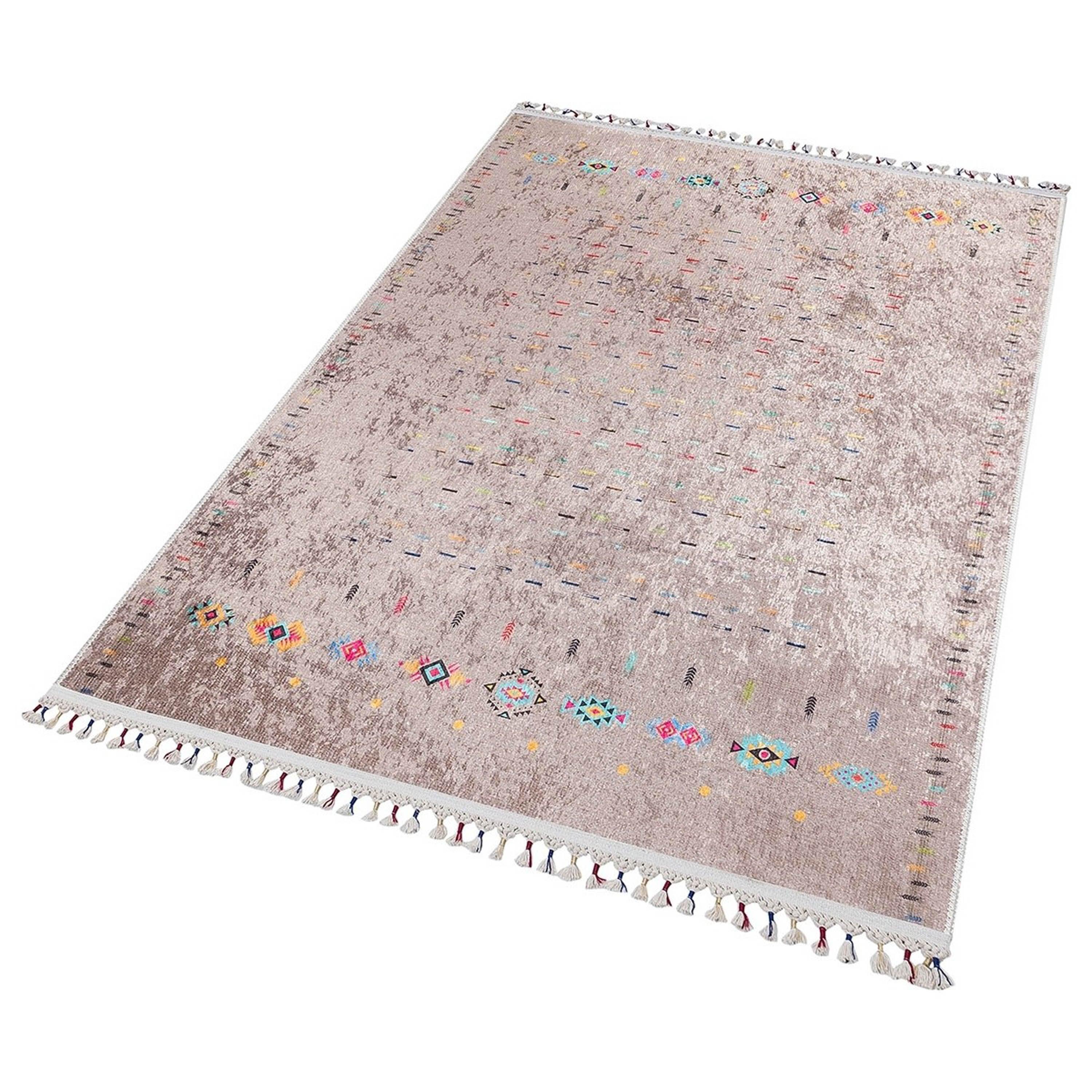 Açık Kahverengi Etnik Desenli Modern Saçaklı Kilim Halı
