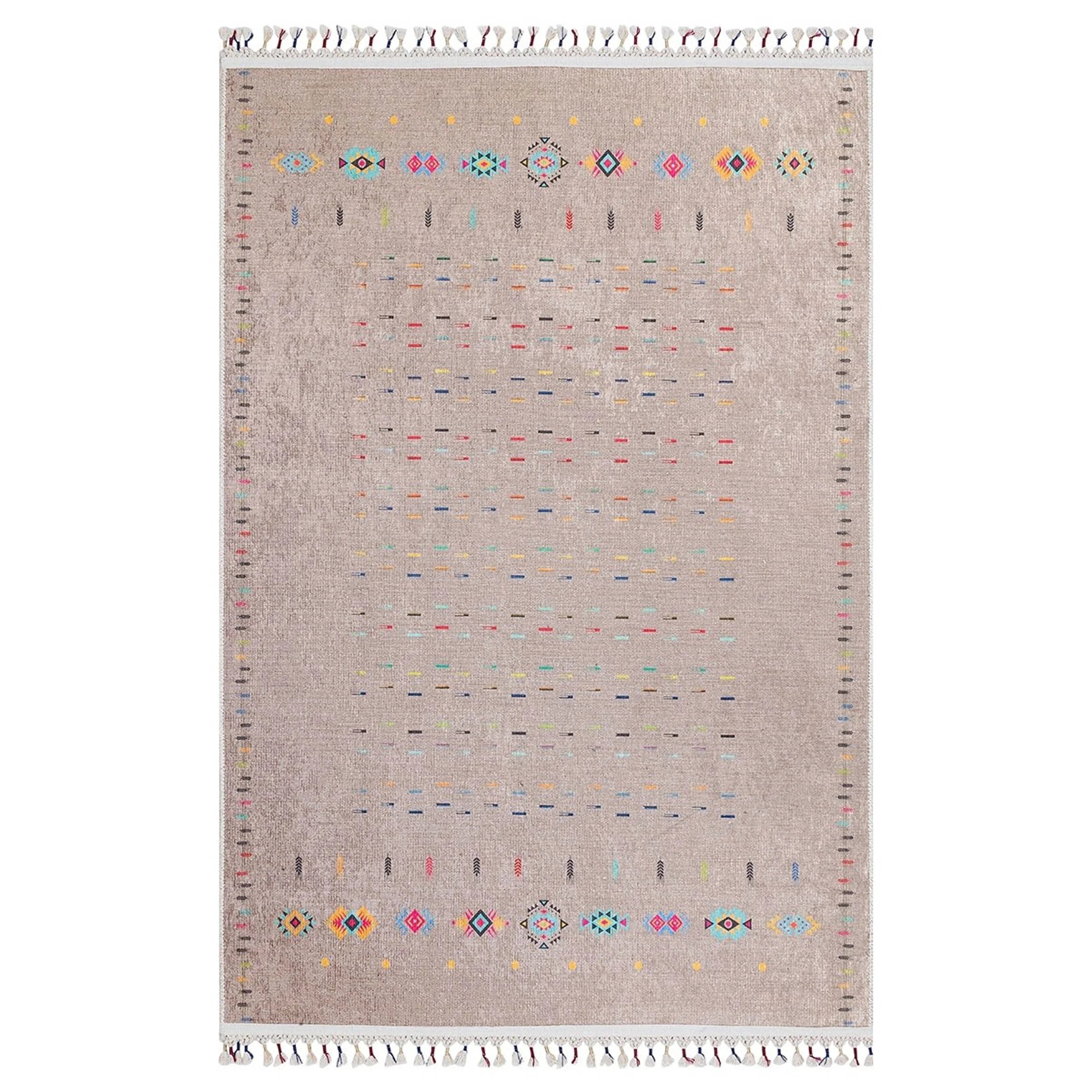 Açık Kahverengi Etnik Desenli Modern Saçaklı Kilim Halı