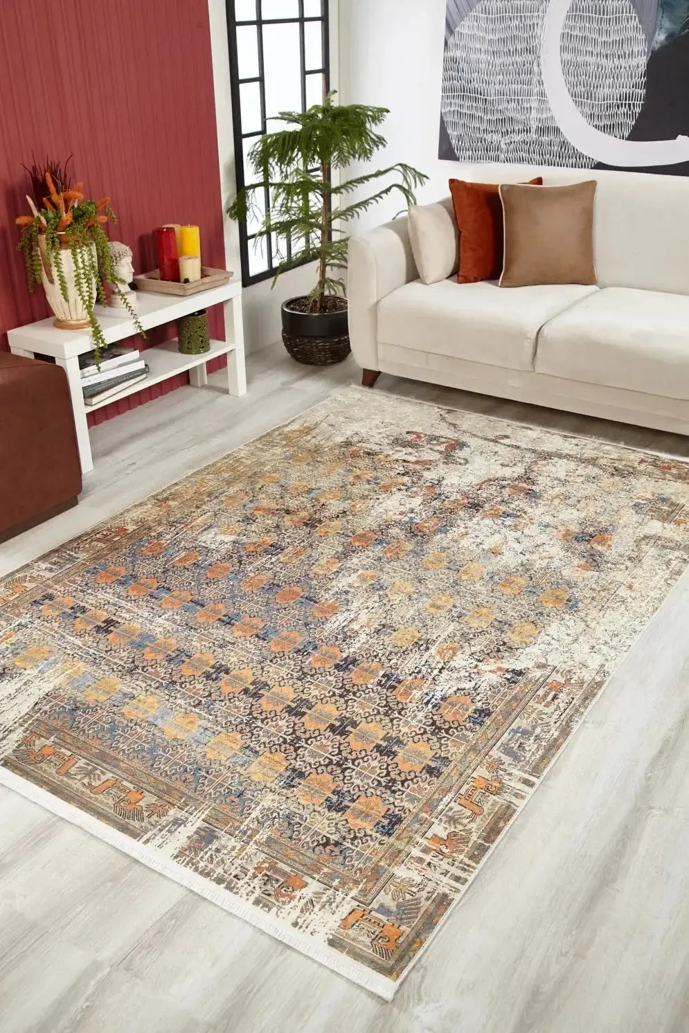Bej Eskitme Geometrik Desenli Halı