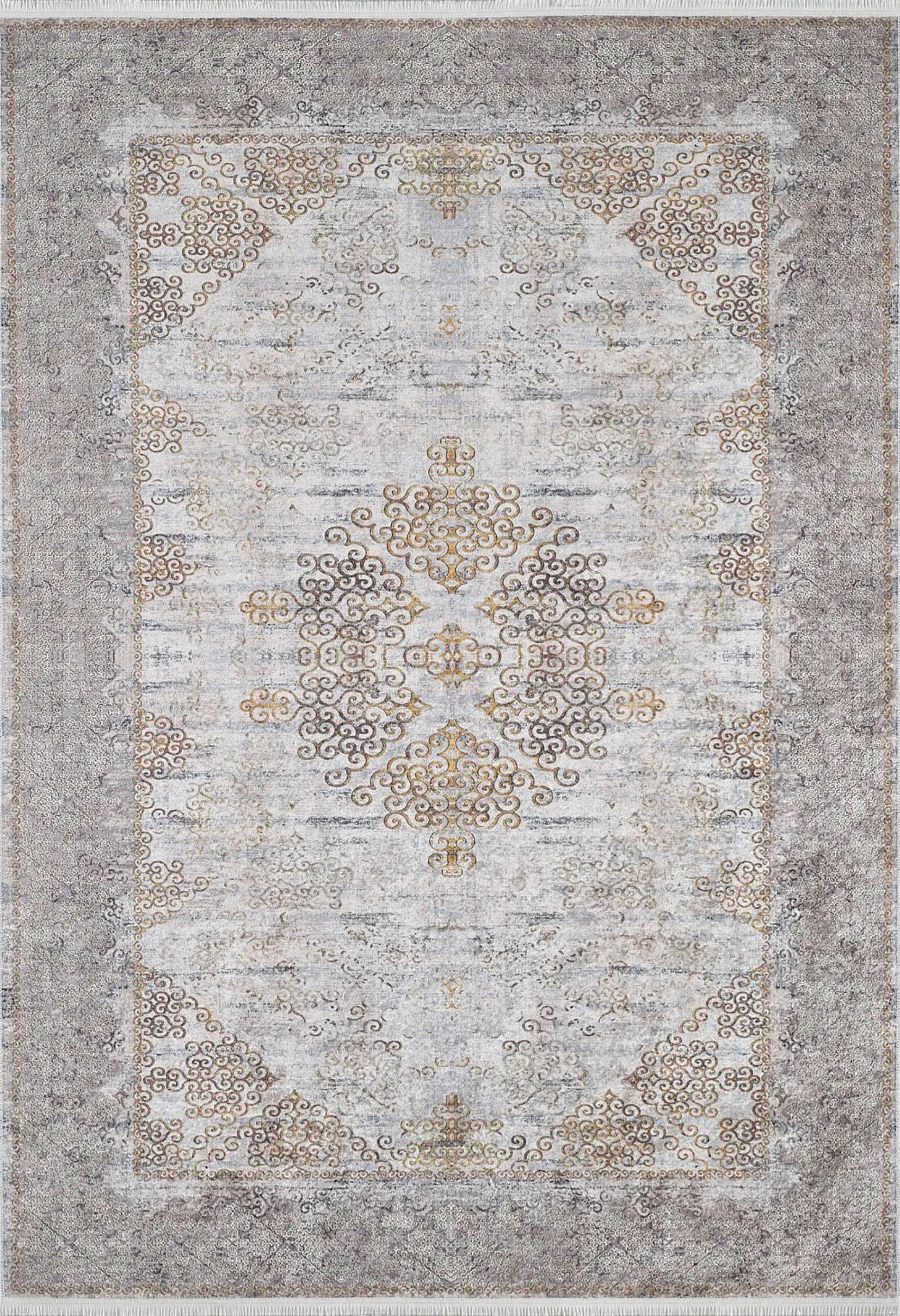 Bej Gri Altın Çiçekli Vintage Madalyonlu Geometrik Halı