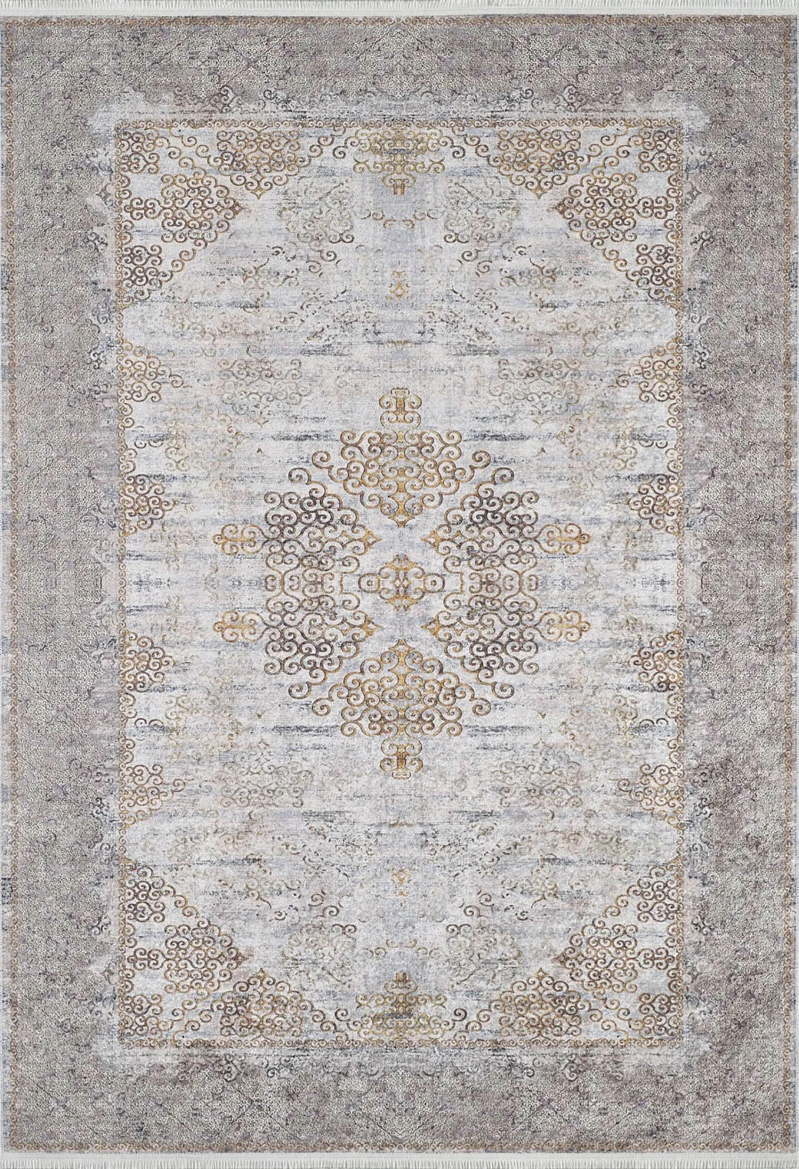 Bej Gri Altın Çiçekli Vintage Madalyonlu Geometrik Halı