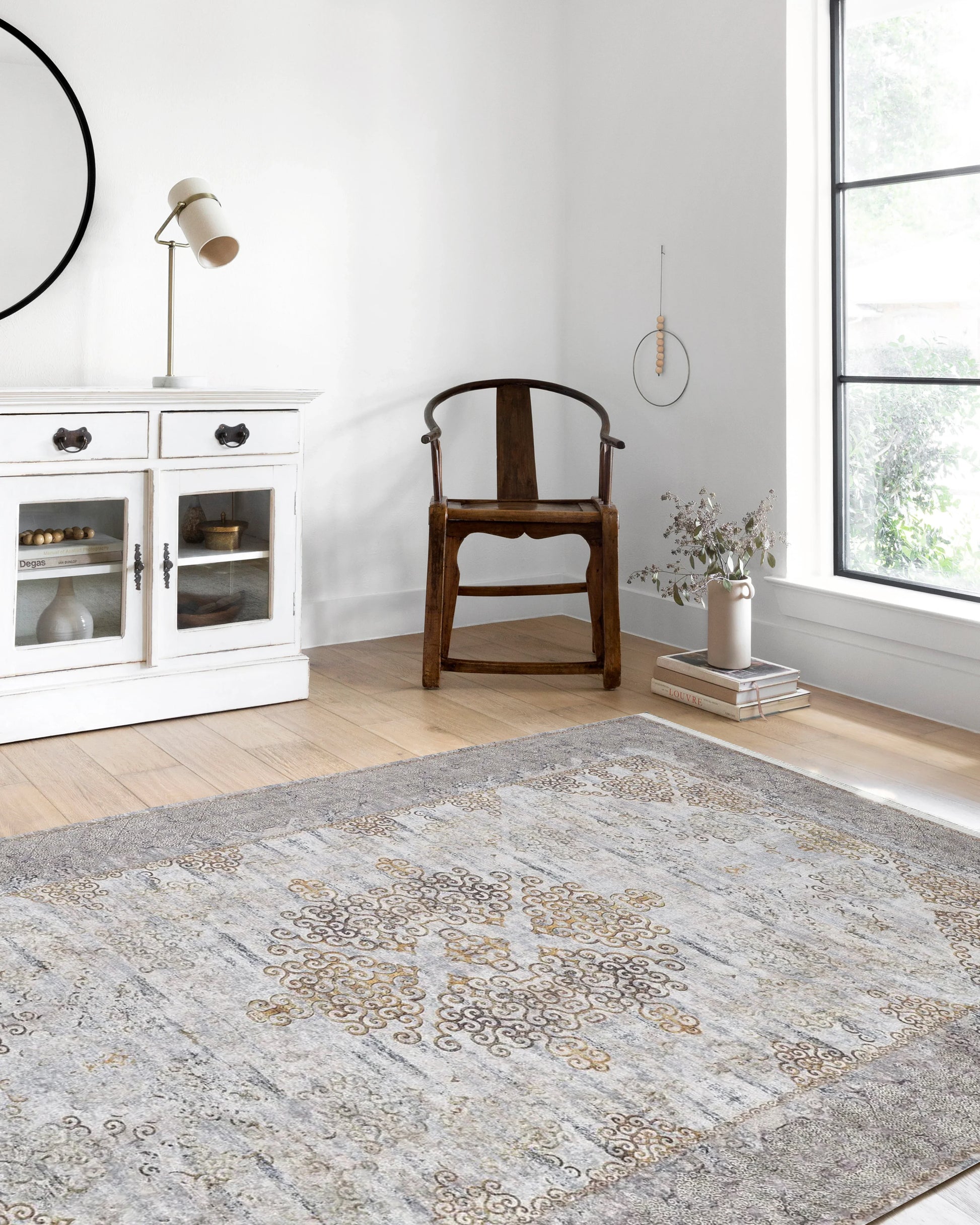 Bej Gri Altın Çiçekli Vintage Madalyonlu Geometrik Halı