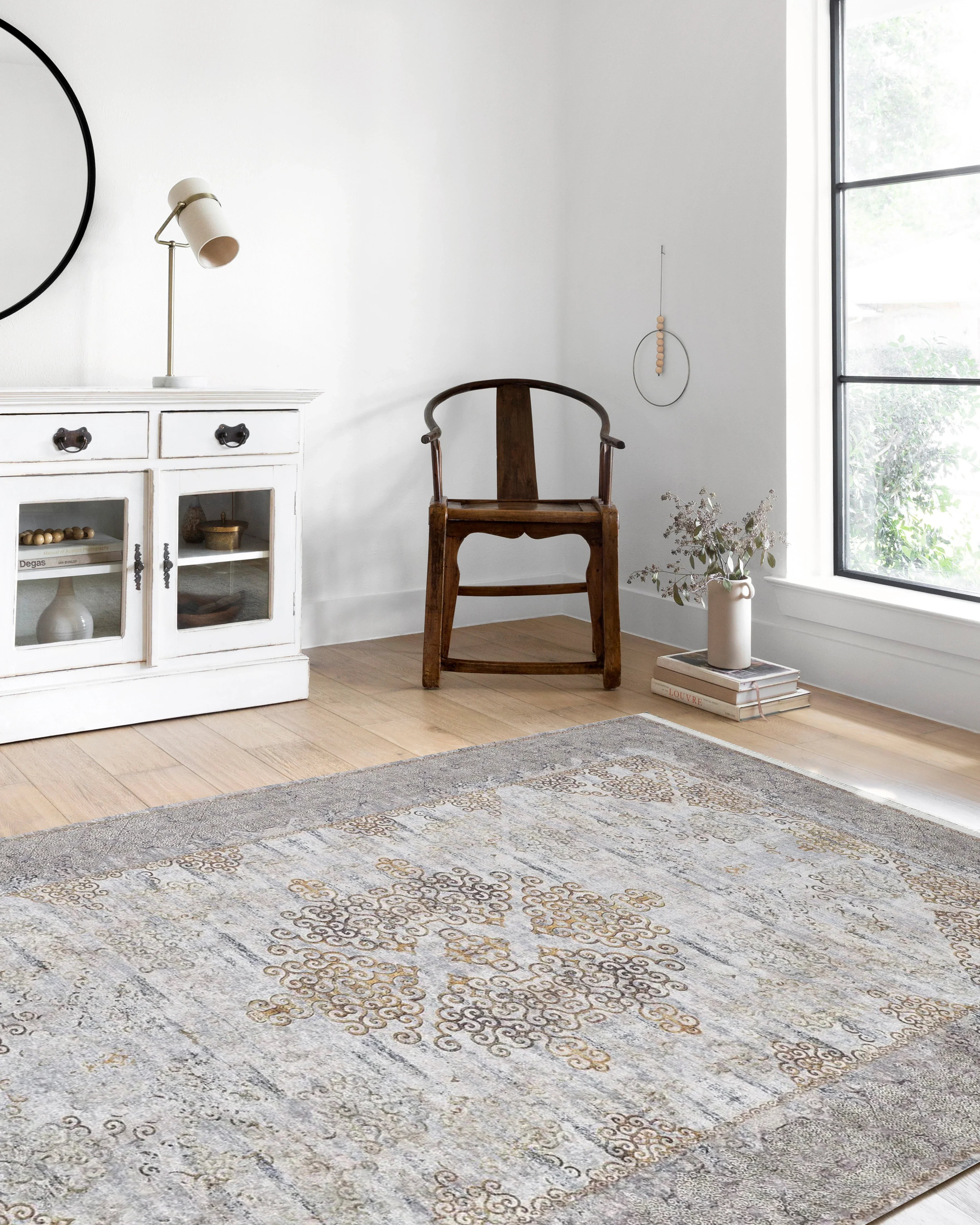 Bej Gri Altın Çiçekli Vintage Madalyonlu Geometrik Halı